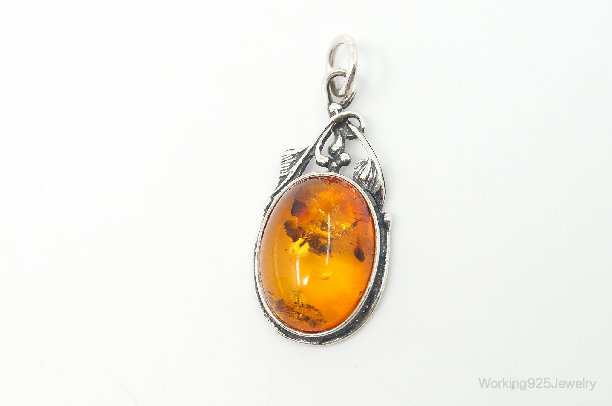 Vintage Amber Modernist Sterling Silver Necklace Pendant