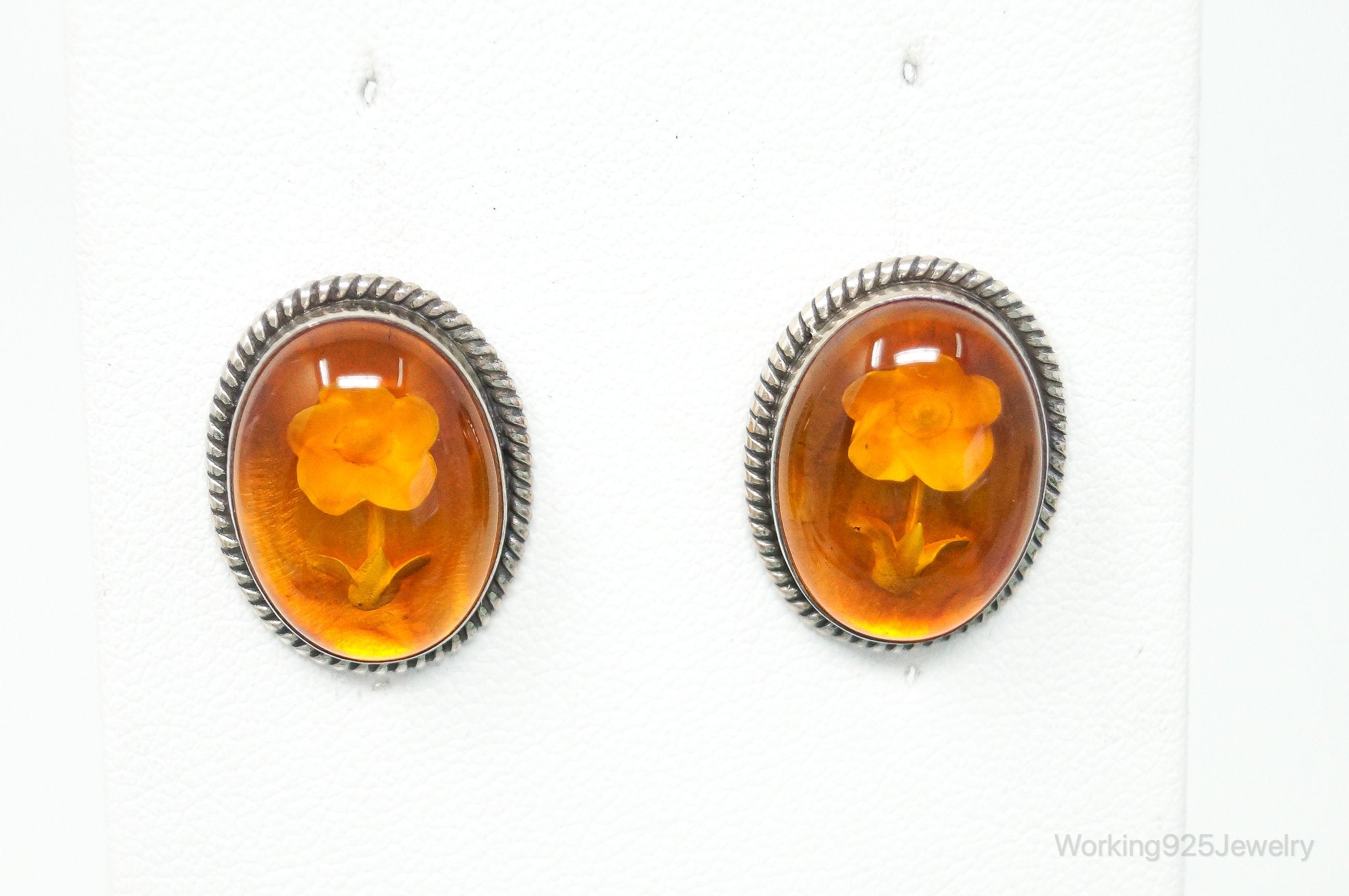 Vintage Designer Merav Flower Cameo Amber Sterling Silver Earrings