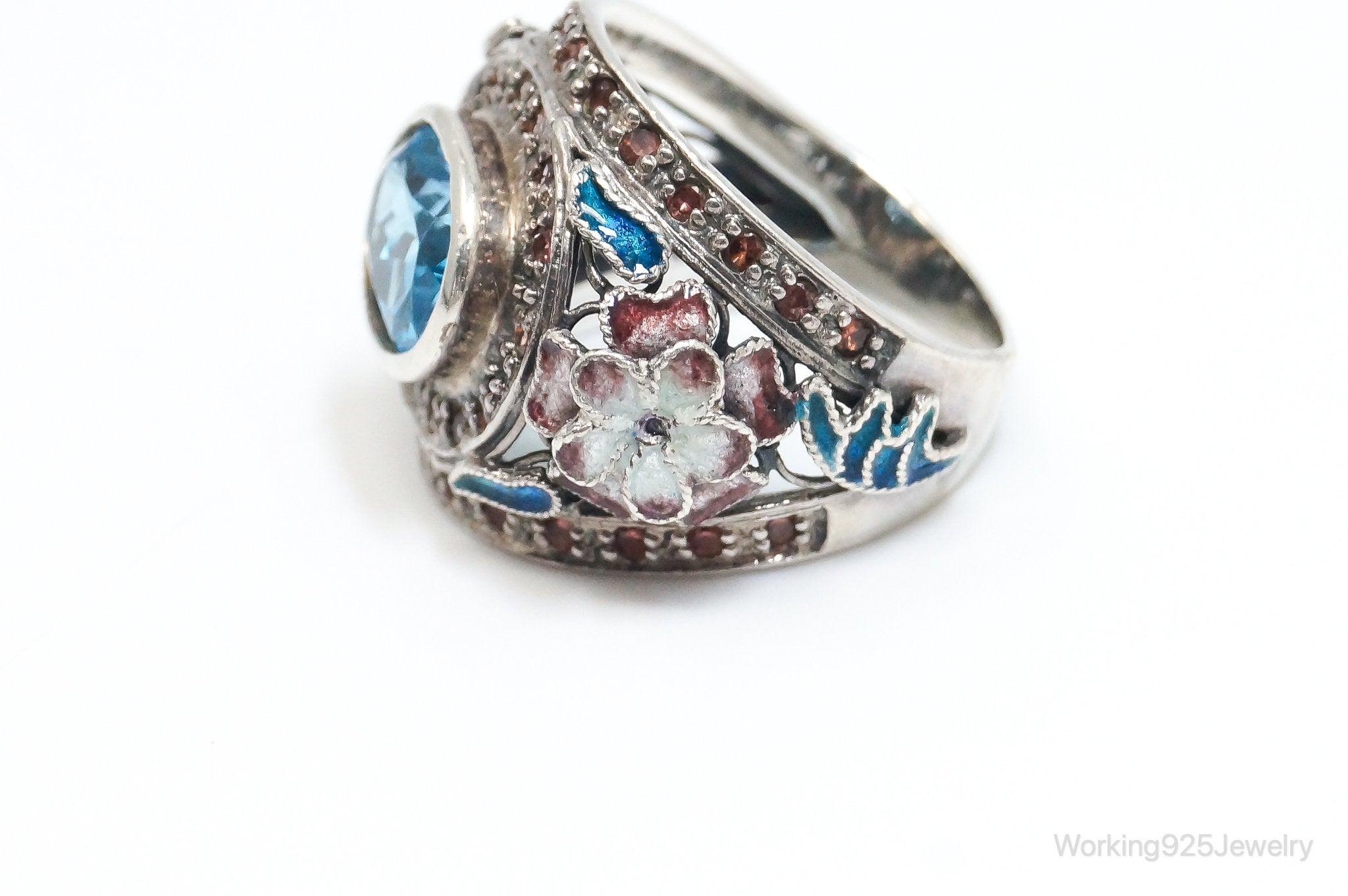 Vintage Blue Topaz CZ Accented Enamel Sterling Silver Ring - SZ 7.25