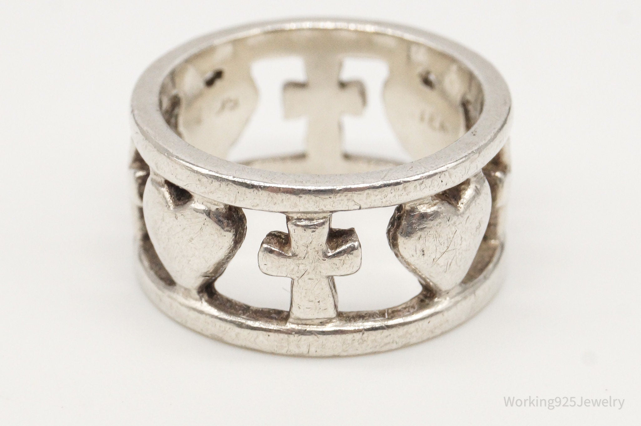 Vintage Hearts & Crosses Sterling Silver Ring - Size 6