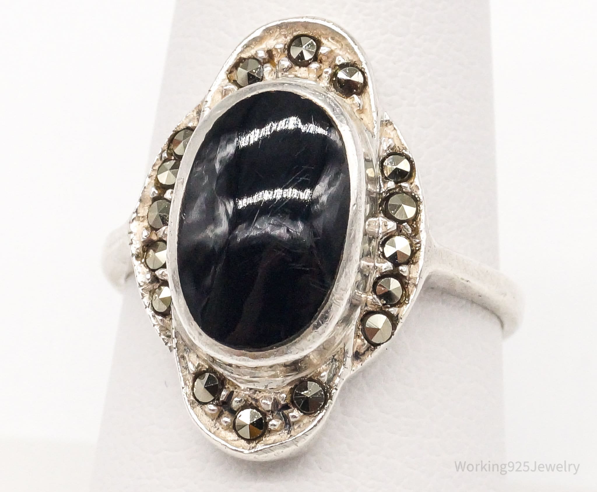 Vintage Black Onyx Marcasite Sterling Silver Ring - Size 8