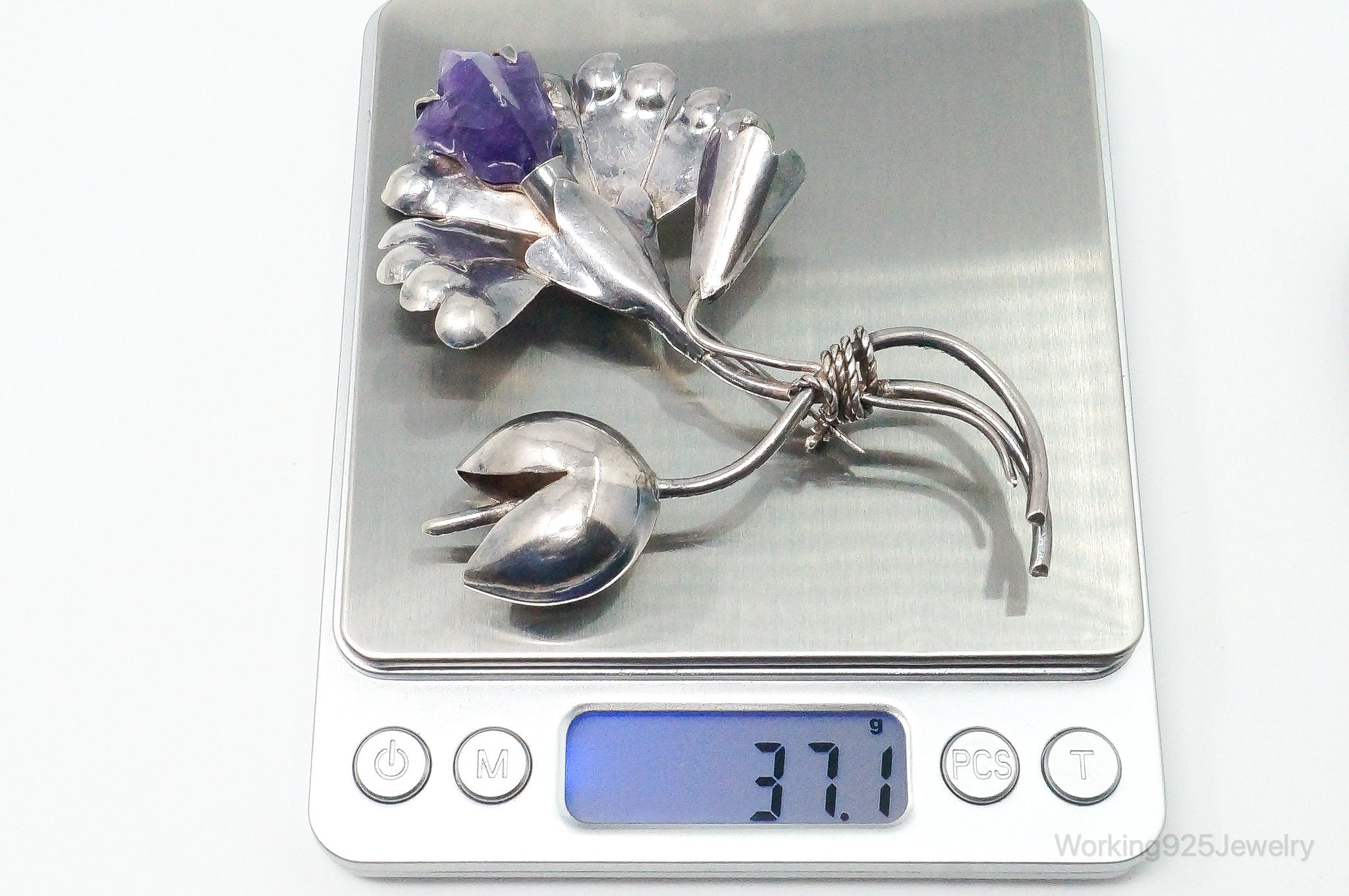 Large Vintage Mexico Modernist Amethyst Flower Sterling Silver Brooch Pin