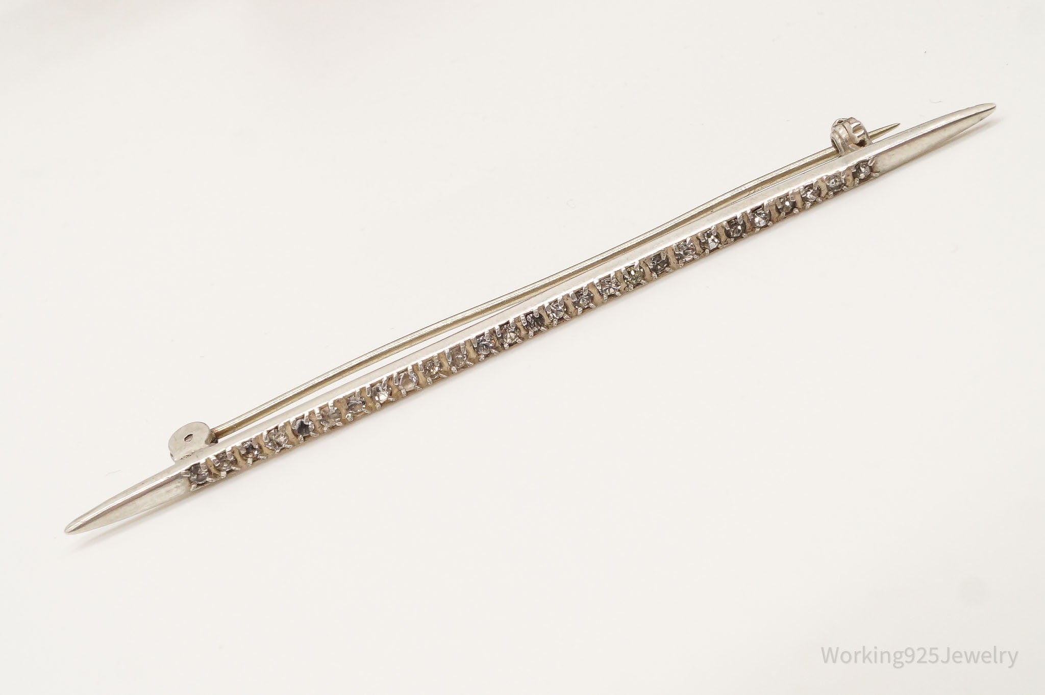 Antique Victorian Rhinestone Sterling Silver Brooch Pin Bar