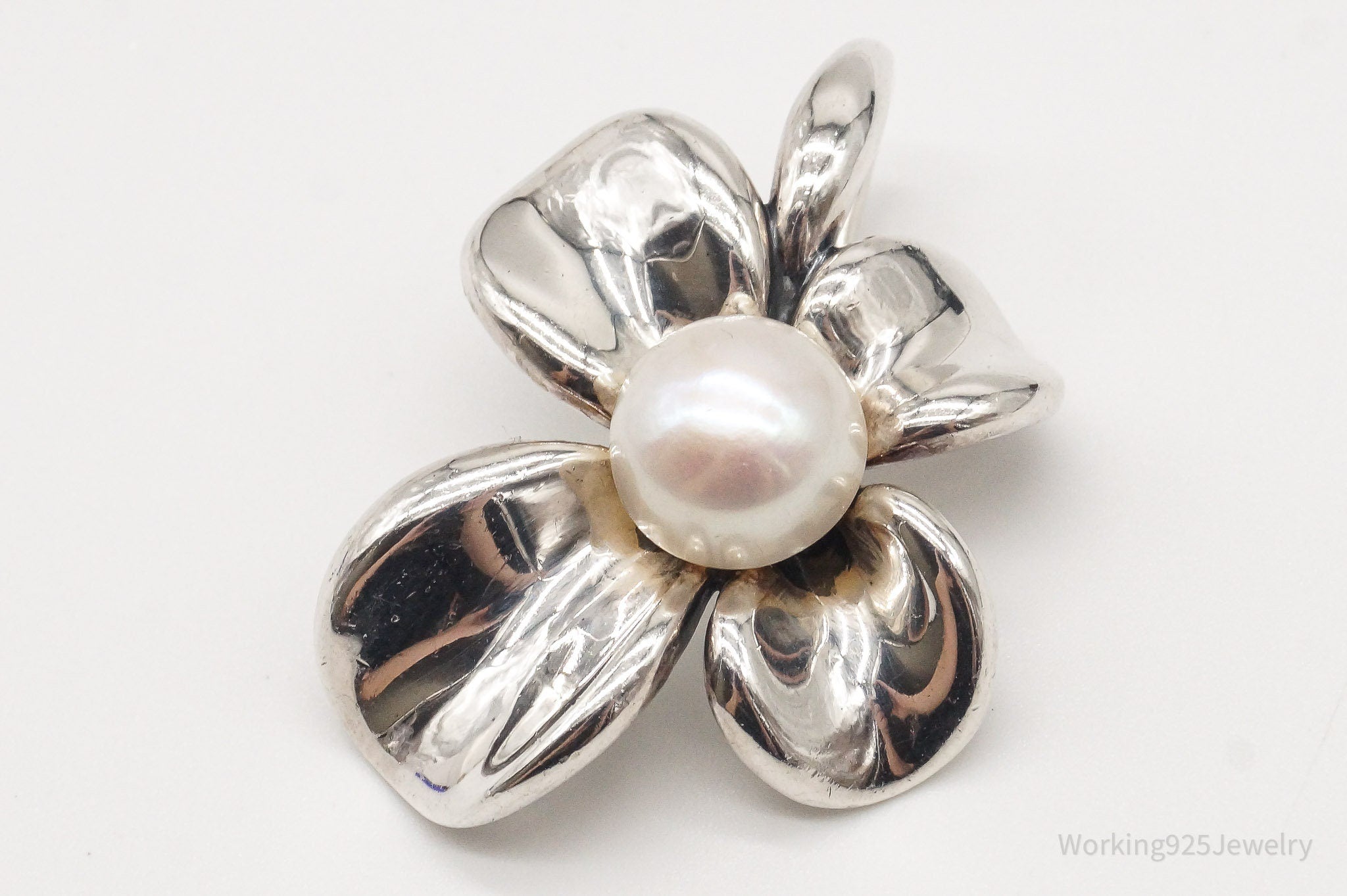 Large Vintage Designer Ann King Pearl Sterling Silver Flower Pendant