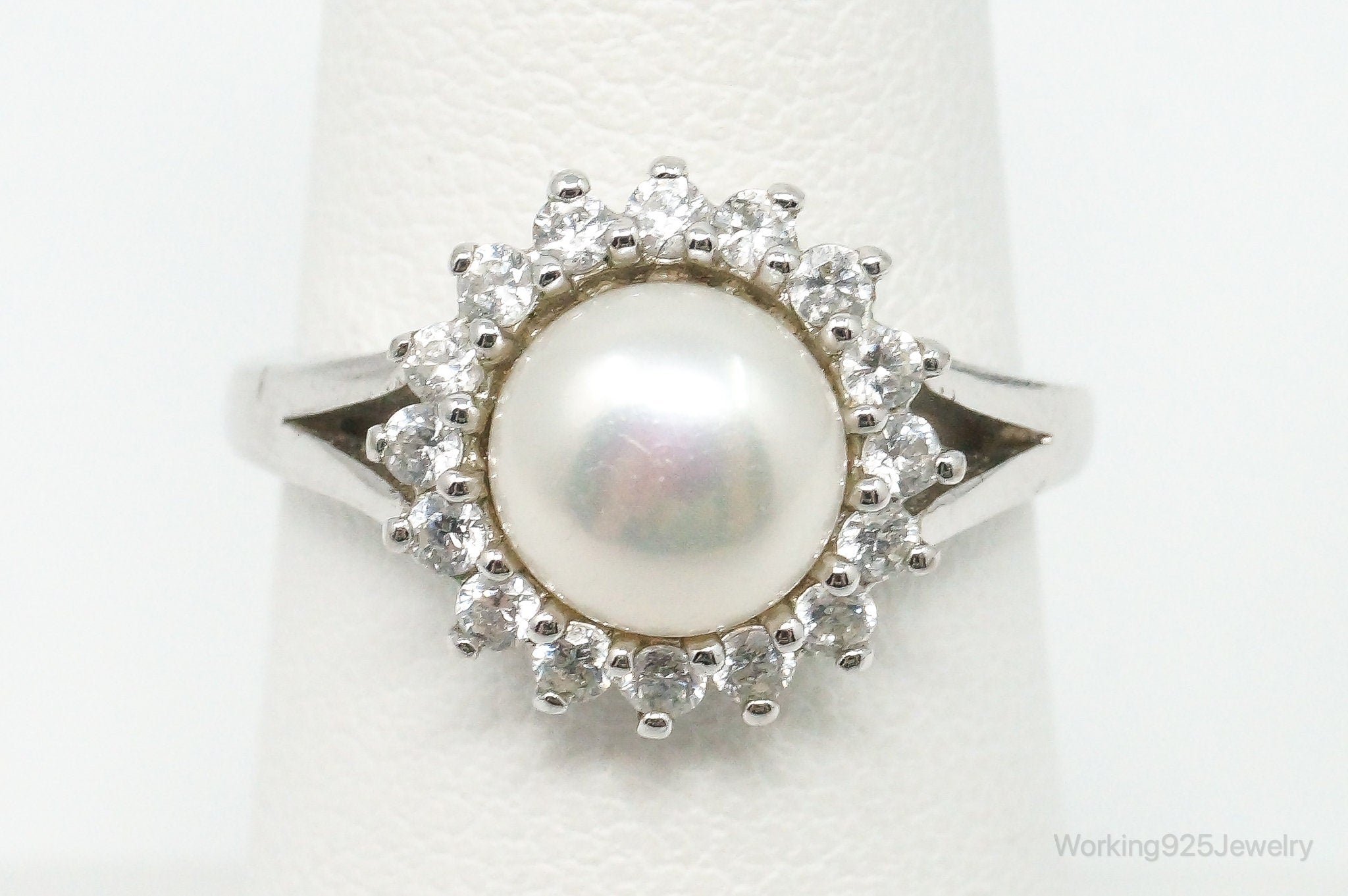 Vintage Designer Pearl Cubic Zirconia Sterling Silver Ring - Size 7