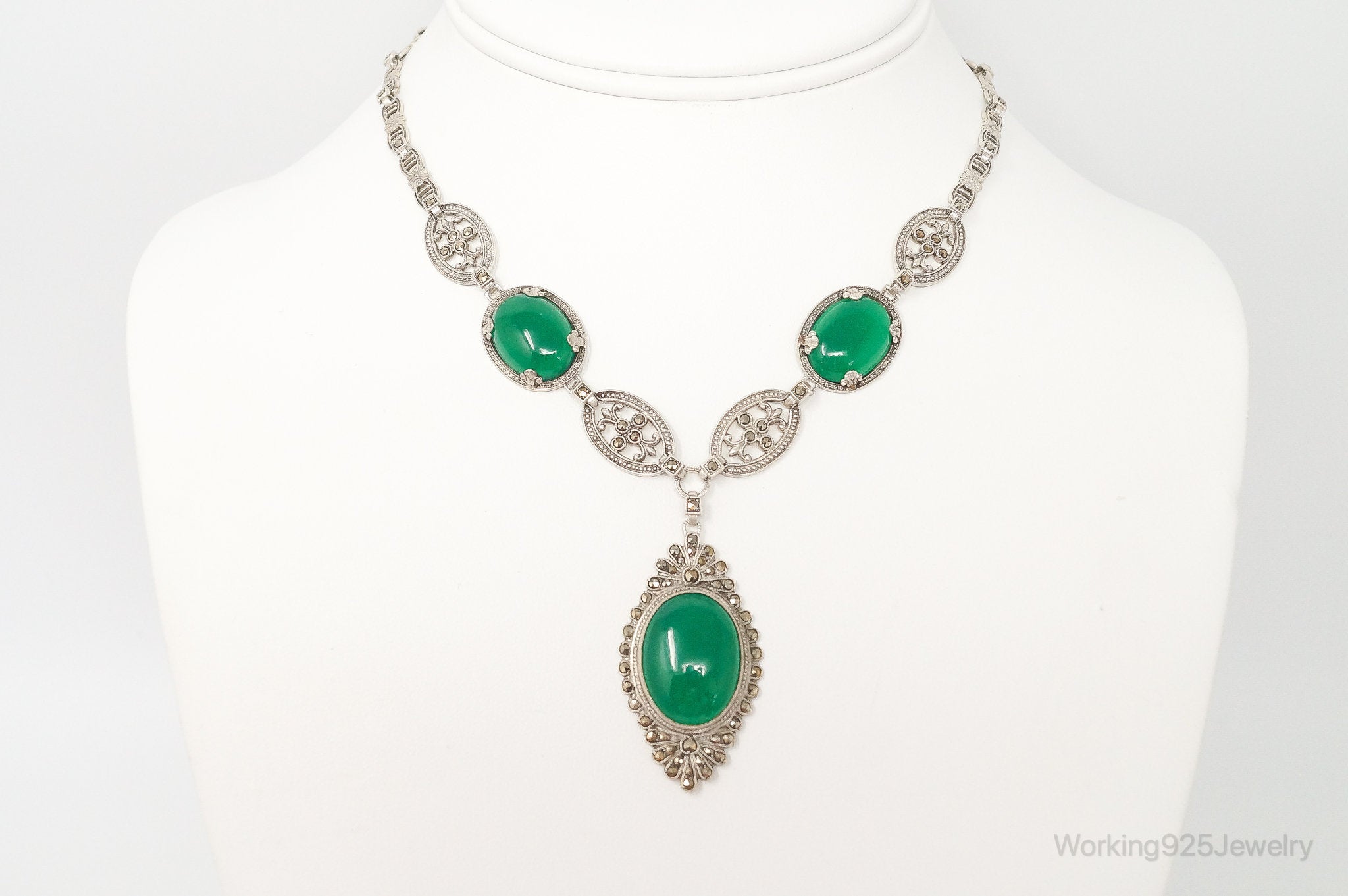 Antique Green Chrysoprase Marcasite Sterling Silver Necklace