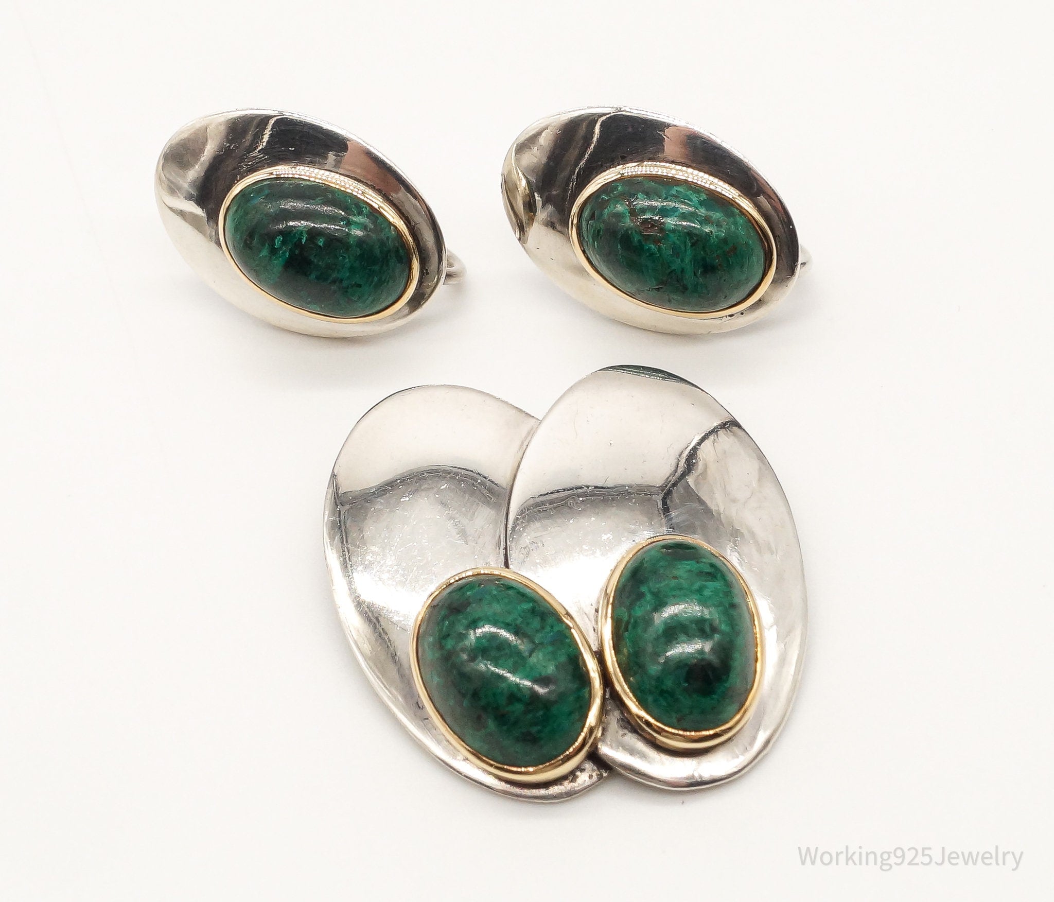 Vintage Carlos Diaz Malachite Gold Sterling Silver Earrings & Brooch Set