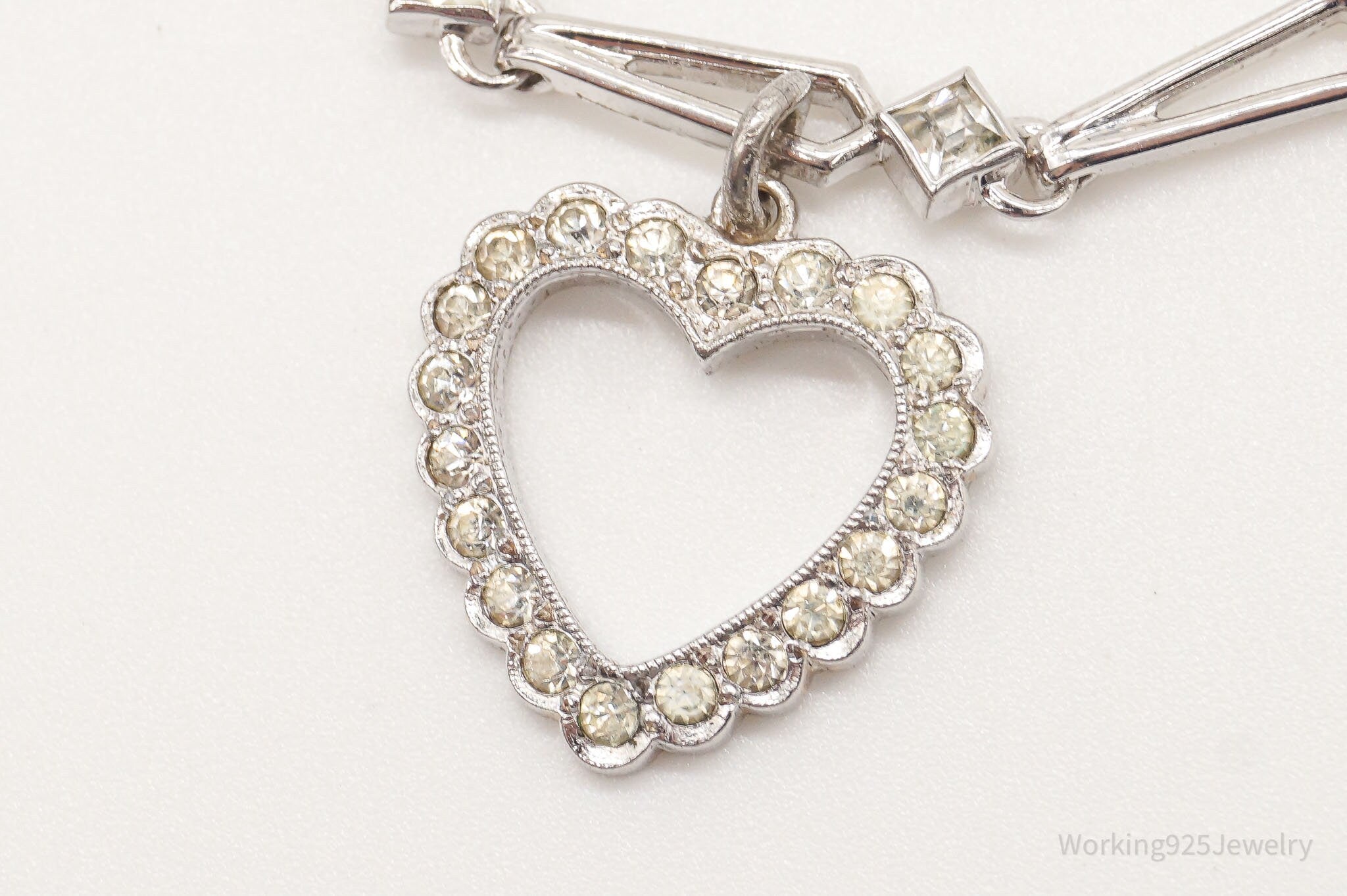 Antique Designer Rhinestone Heart Charm Sterling Silver Bracelet