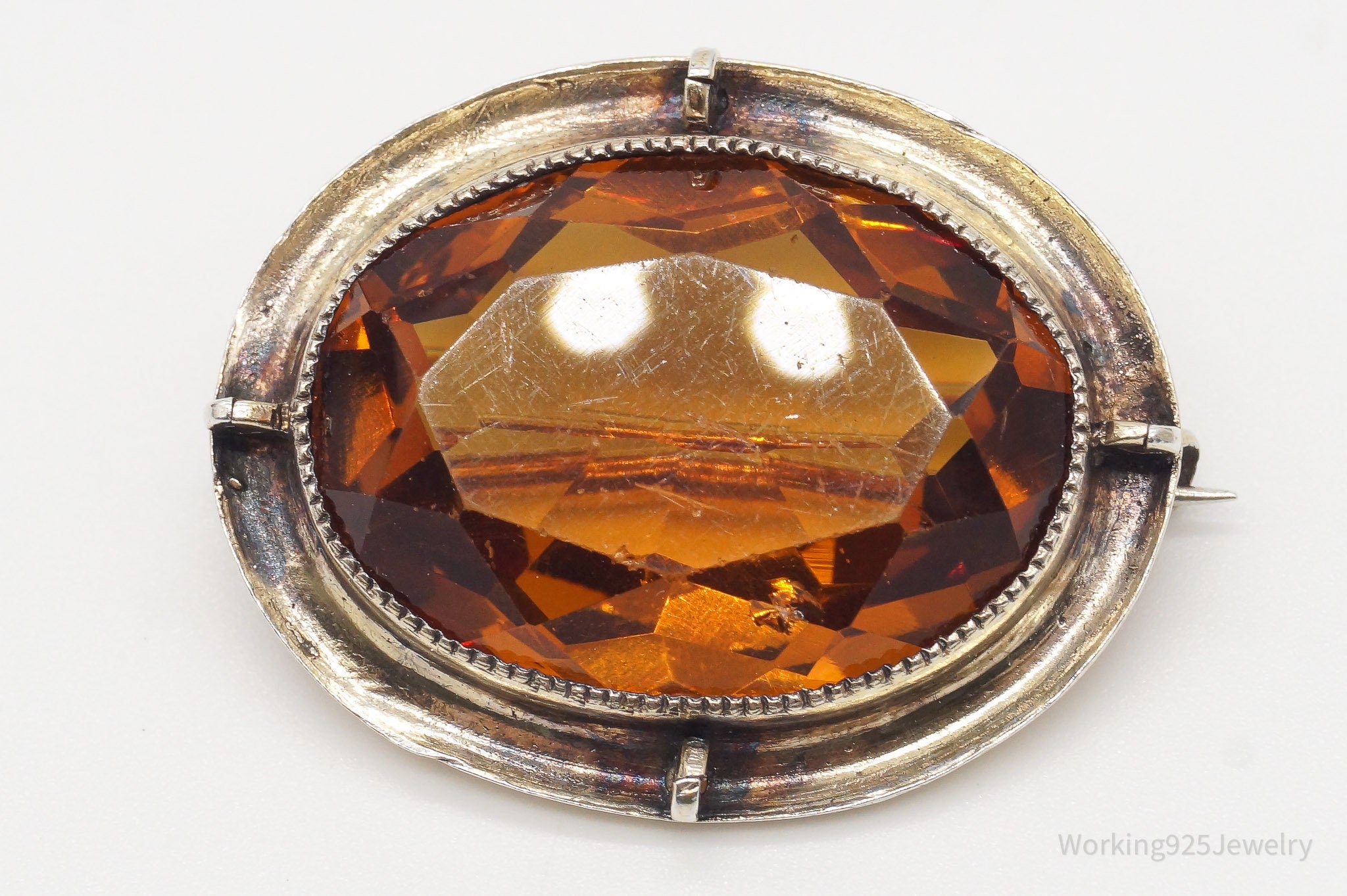 Antique Large Orange Glass Gold Tone Sterling Silver Brooch Pin