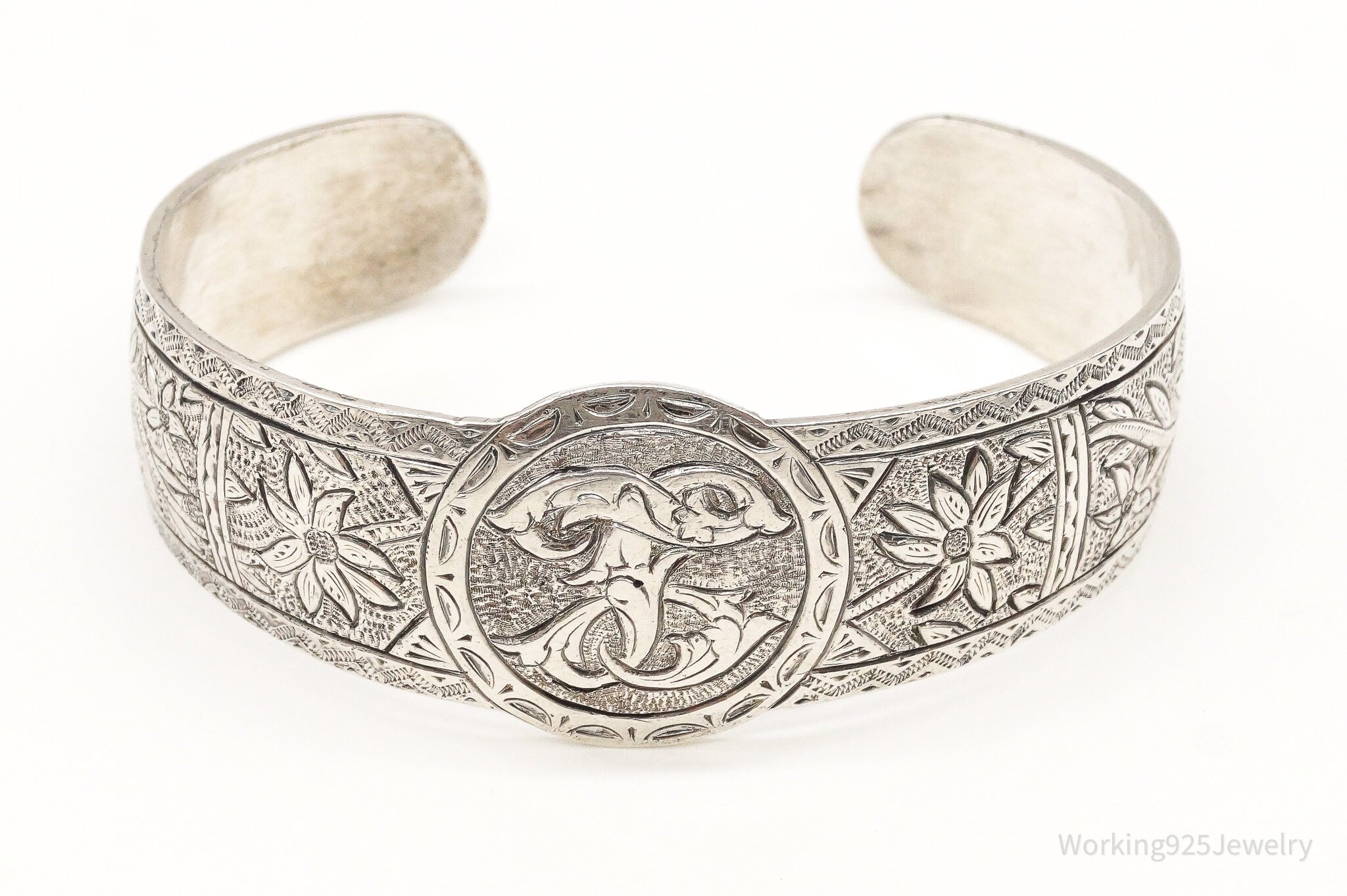 Antique Floral Motif Etched Sterling Silver Cuff Bracelet