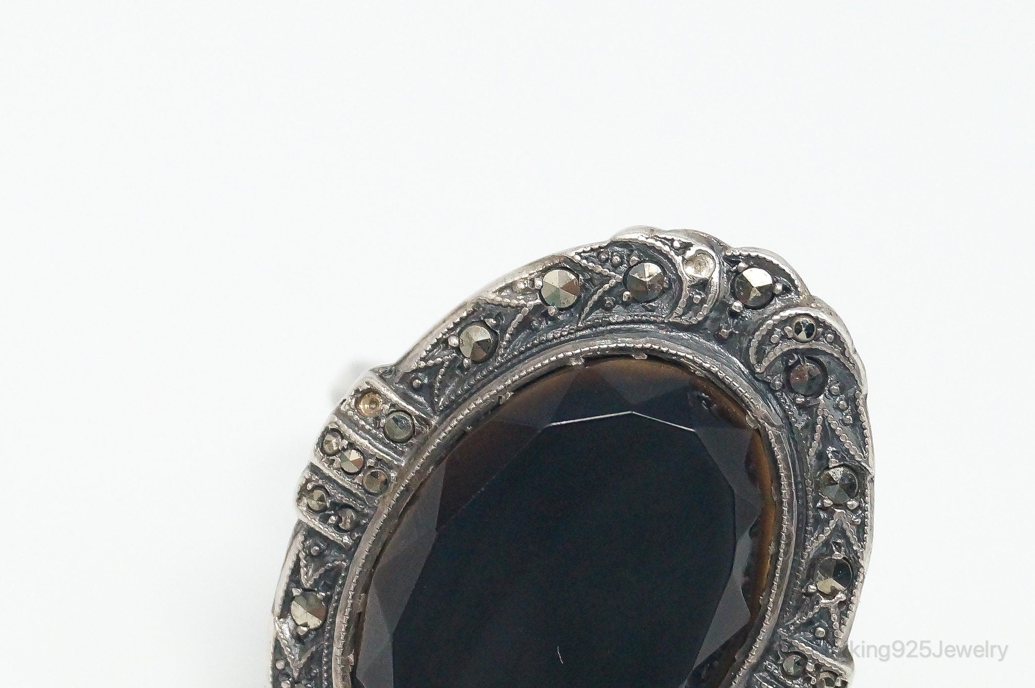 Antique Black Onyx Marcasite Sterling Silver Ring - Size 10.25