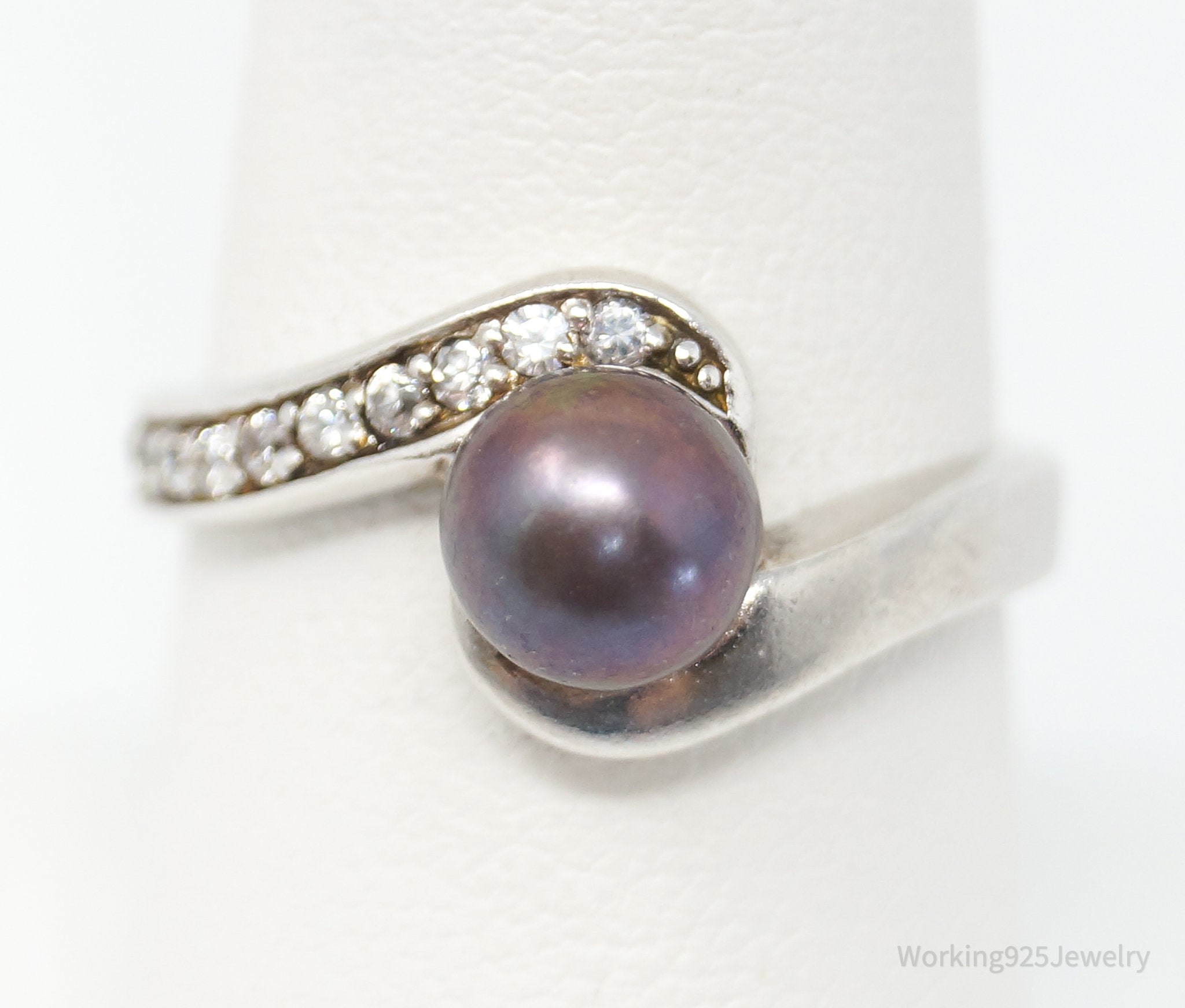 Vintage Designer Chapal-Zenray Tahitian Pearl CZ Sterling Silver Ring - Sz 7.75