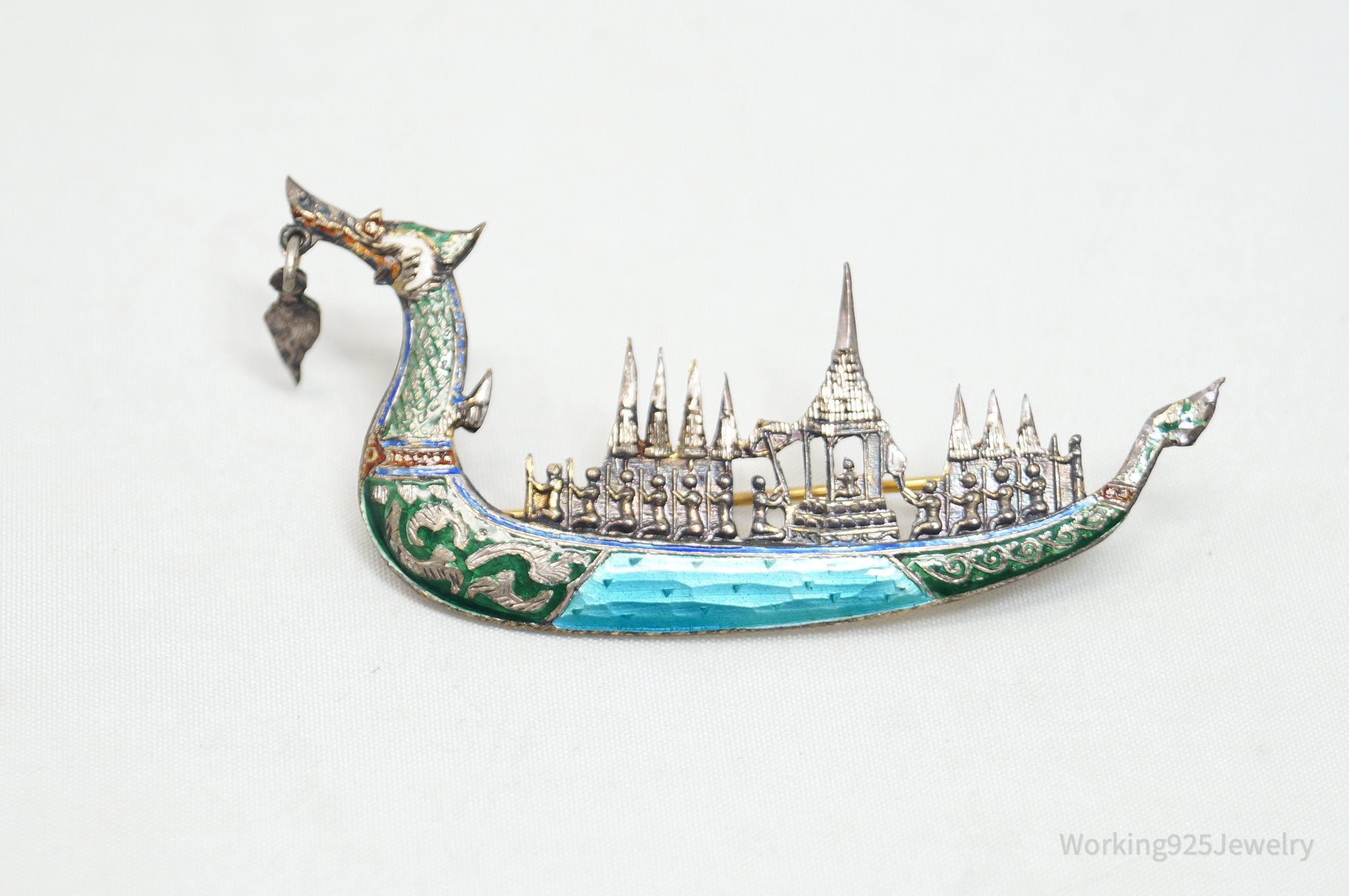 Vintage Designer SIAM Suphanahongse Viking Ship Enamel Sterling Silver Brooch