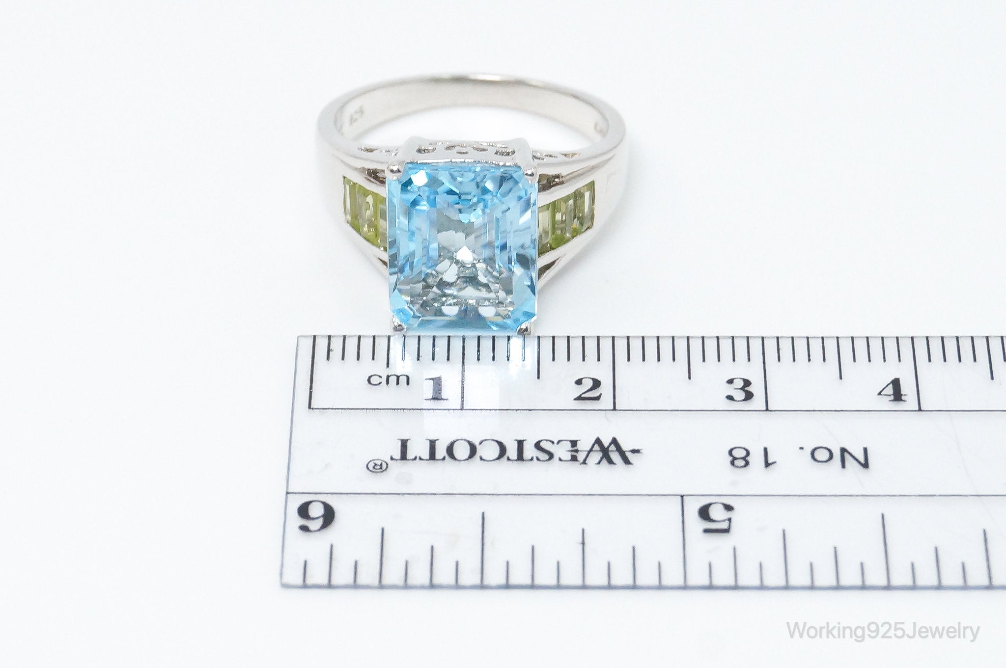 Vintage Designer Large Blue Topaz Peridot Sterling Silver Ring - Size 8.75