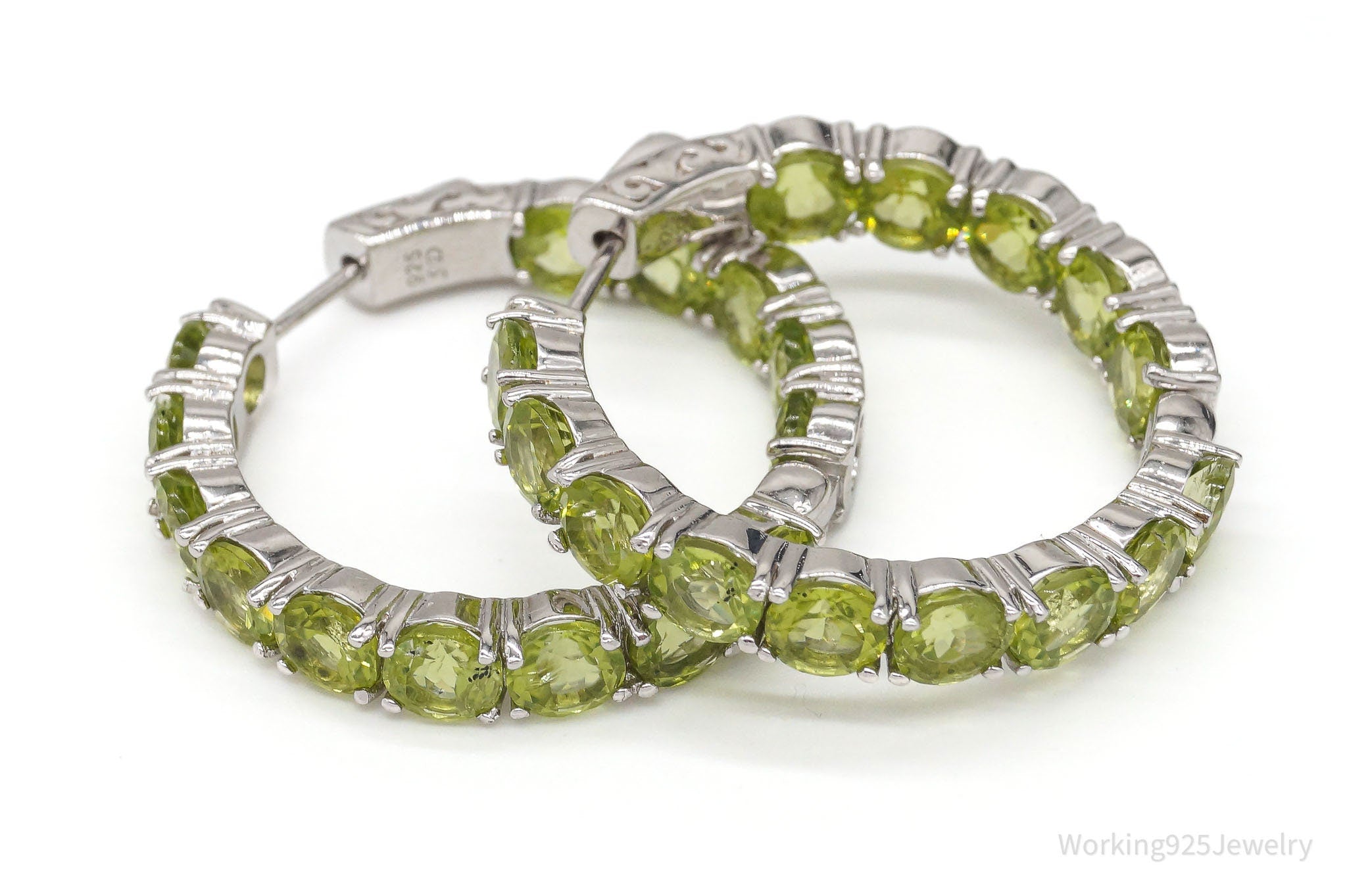 Large Designer SD Peridot Rhodium Over Sterling Silver Hoop Earrings