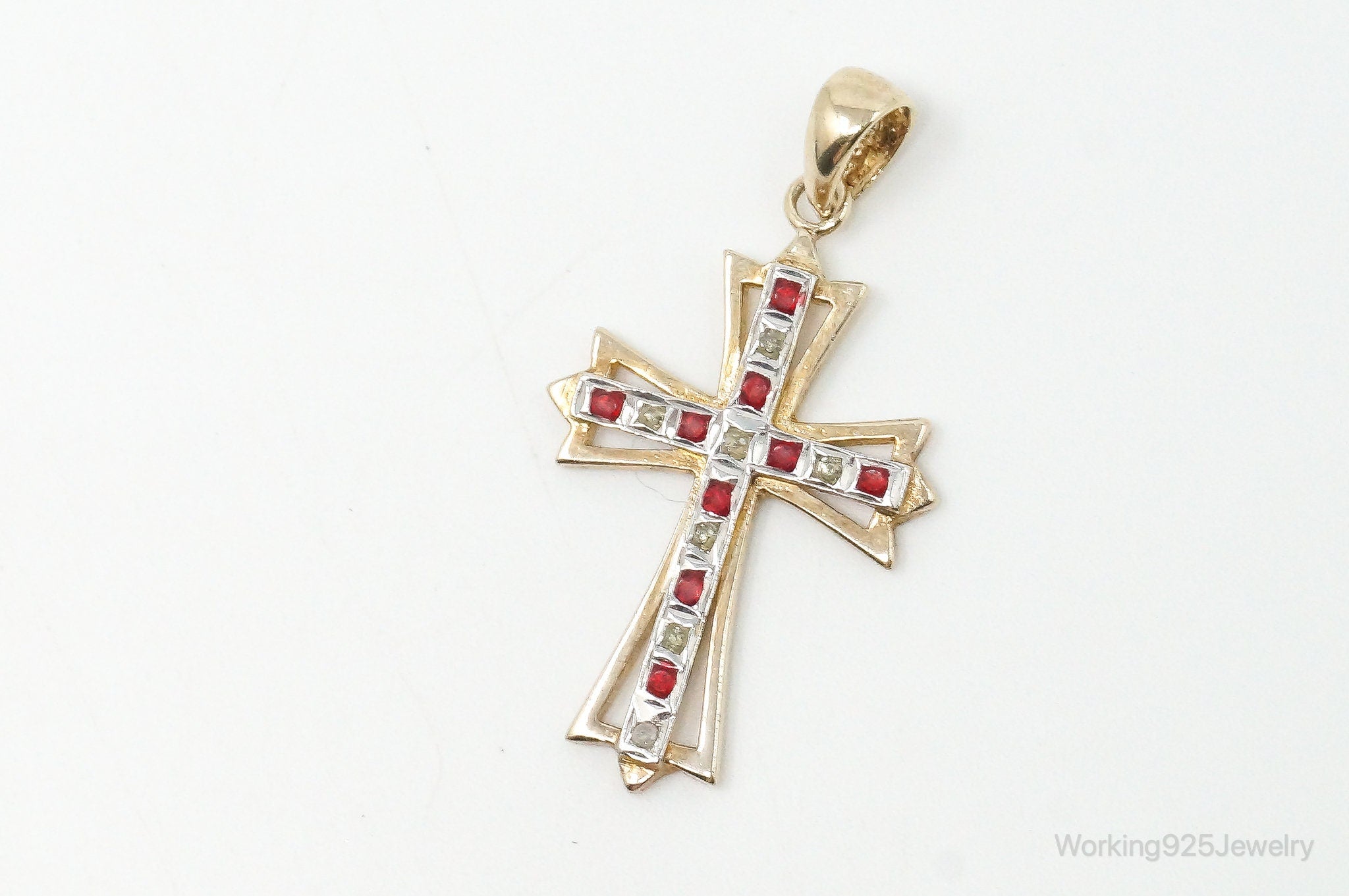 Vintage Designer SLC Ruby Rhinestone Gold Vermeil Cross Sterling Silver Pendant