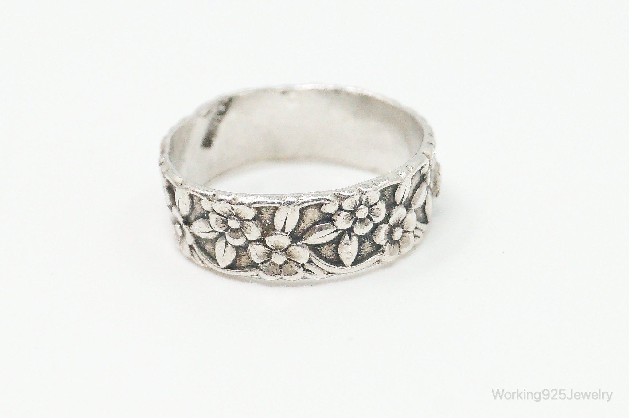 Antique Flowers Sterling Silver Band Ring - Size 6