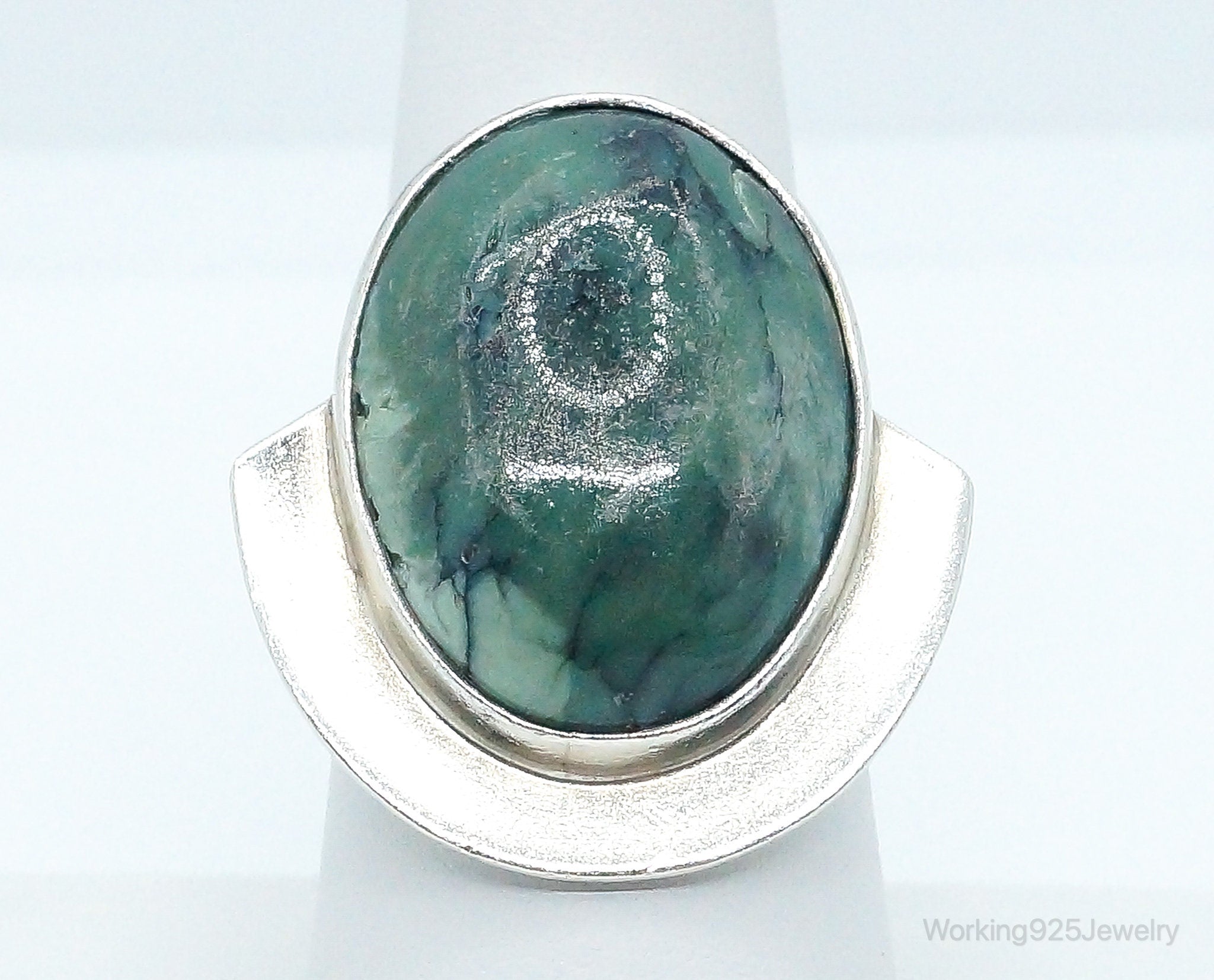 Vintage Green Agate Sterling Silver Ring - Size 8.25