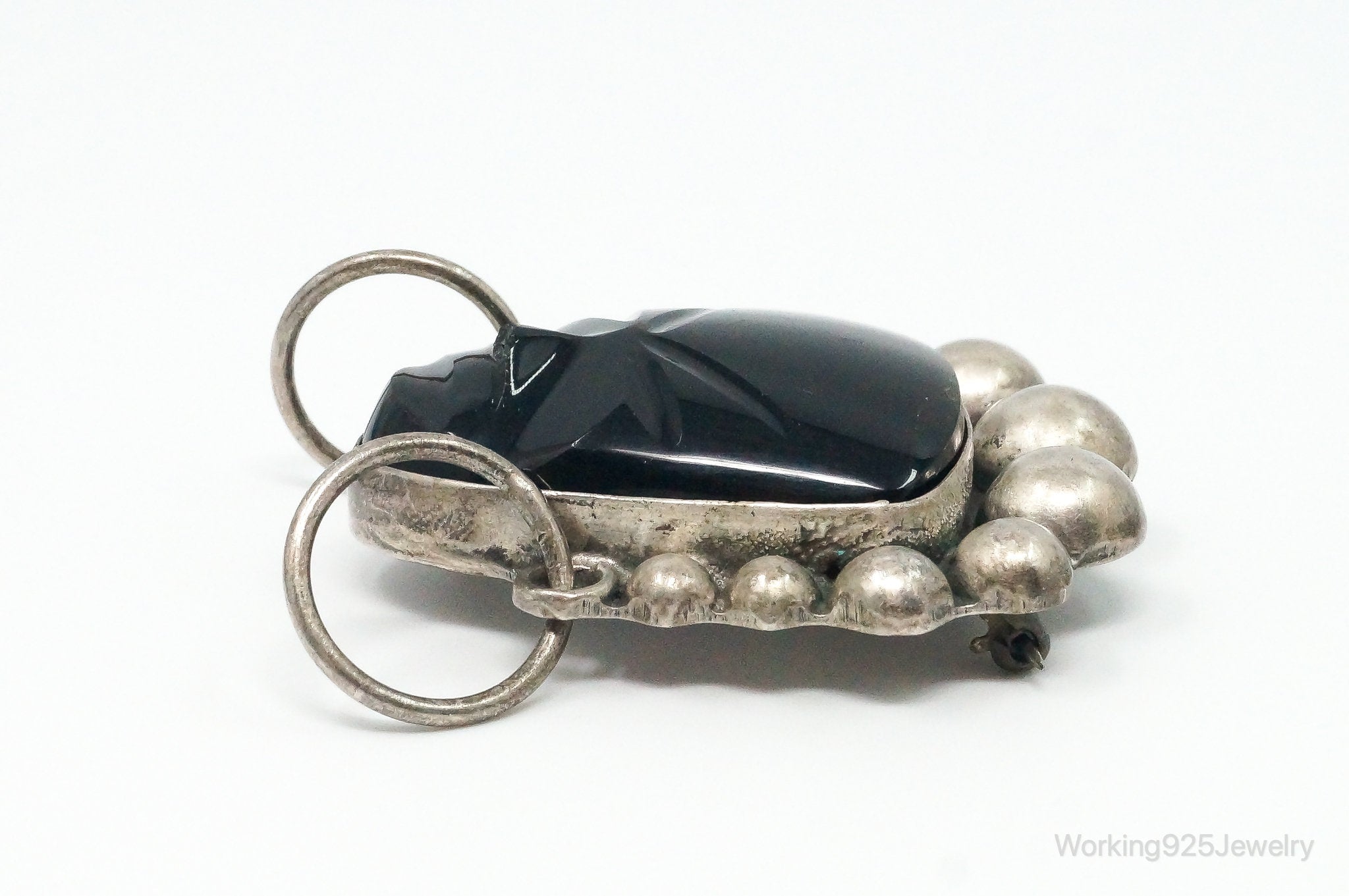 Large VTG Mexico Vaughn’s Black Onyx Tribal Mask Sterling Silver Brooch Pin