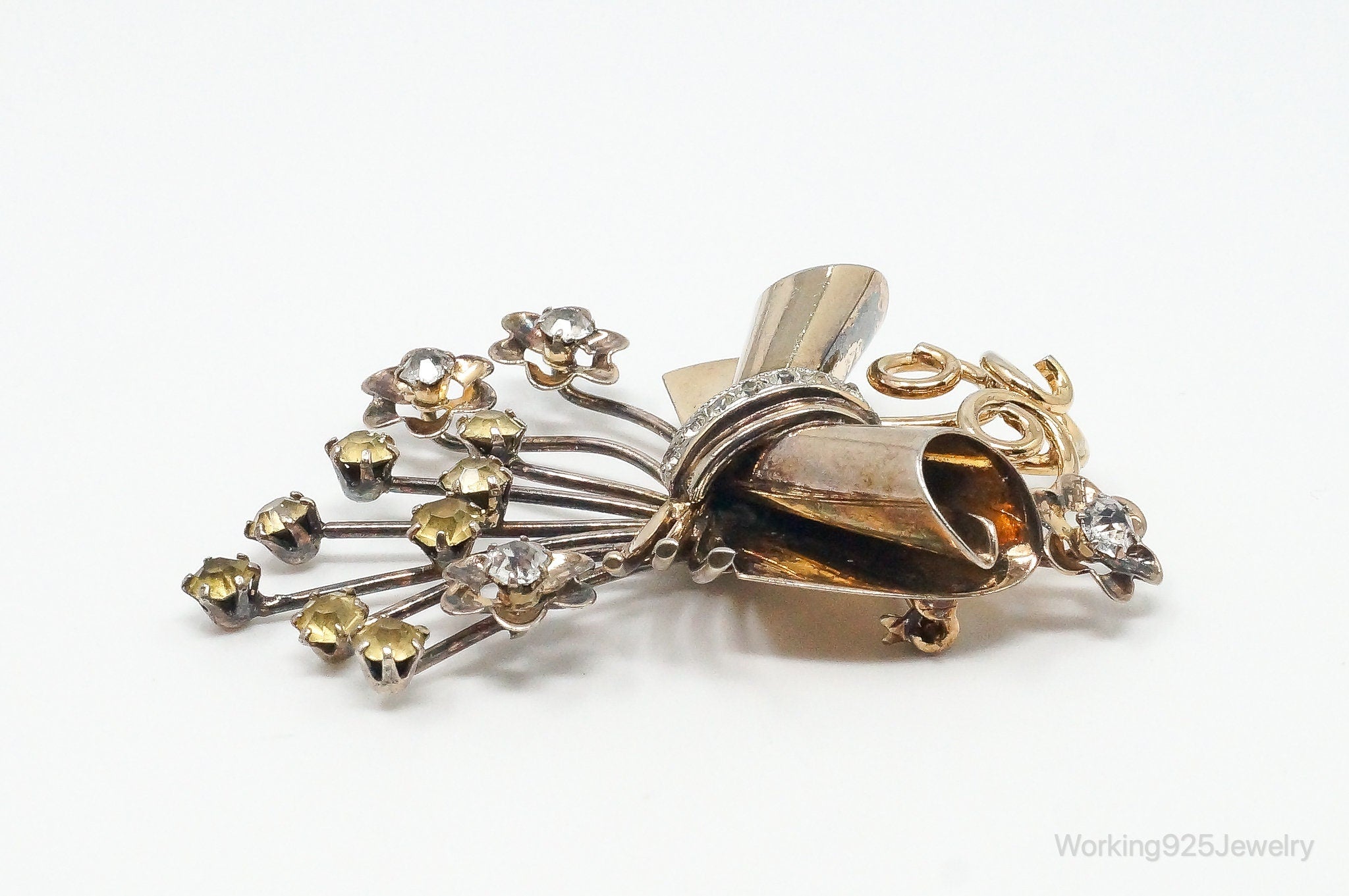 Large Antique Rhinestone Gold Tone Sterling Silver Brooch Pin