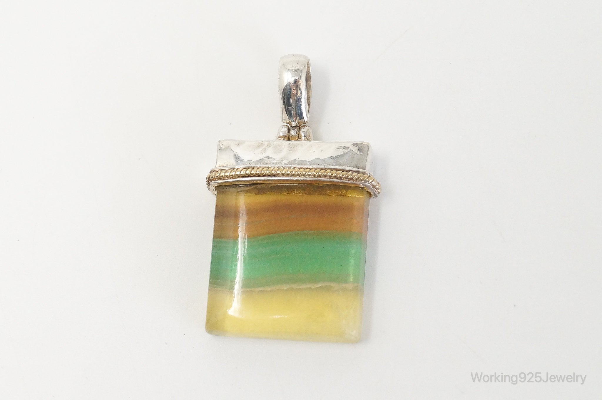 Large Green Yellow Brown Gemstone Gold Vermeil Sterling Silver Pendant