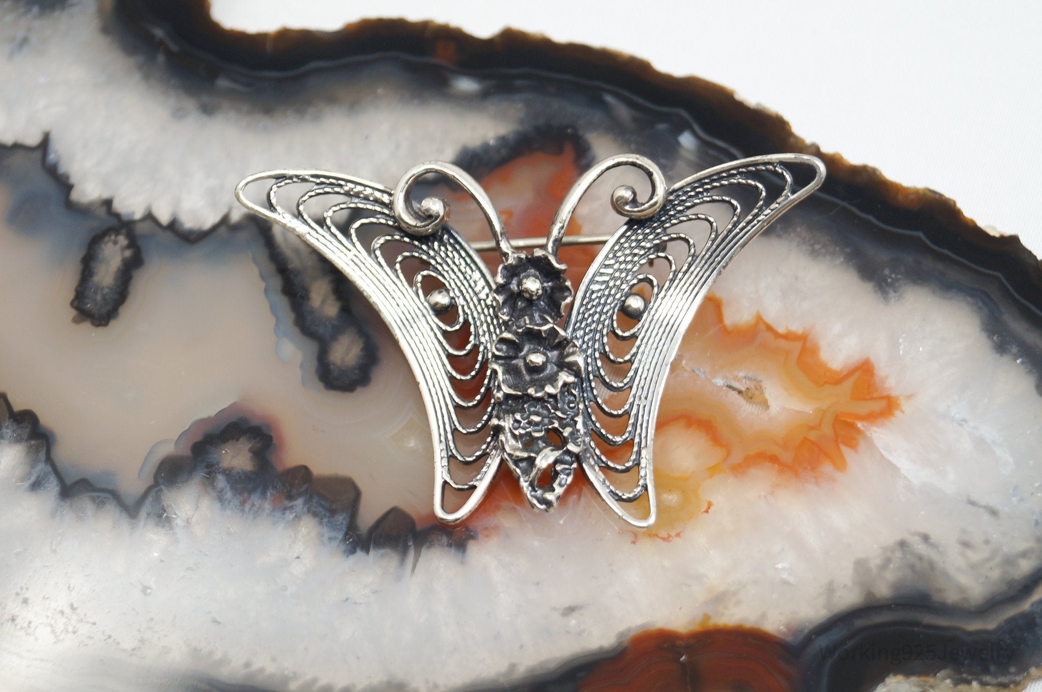 Vintage Designer Beau Filigree Butterfly Modern Sterling Silver Brooch Pin