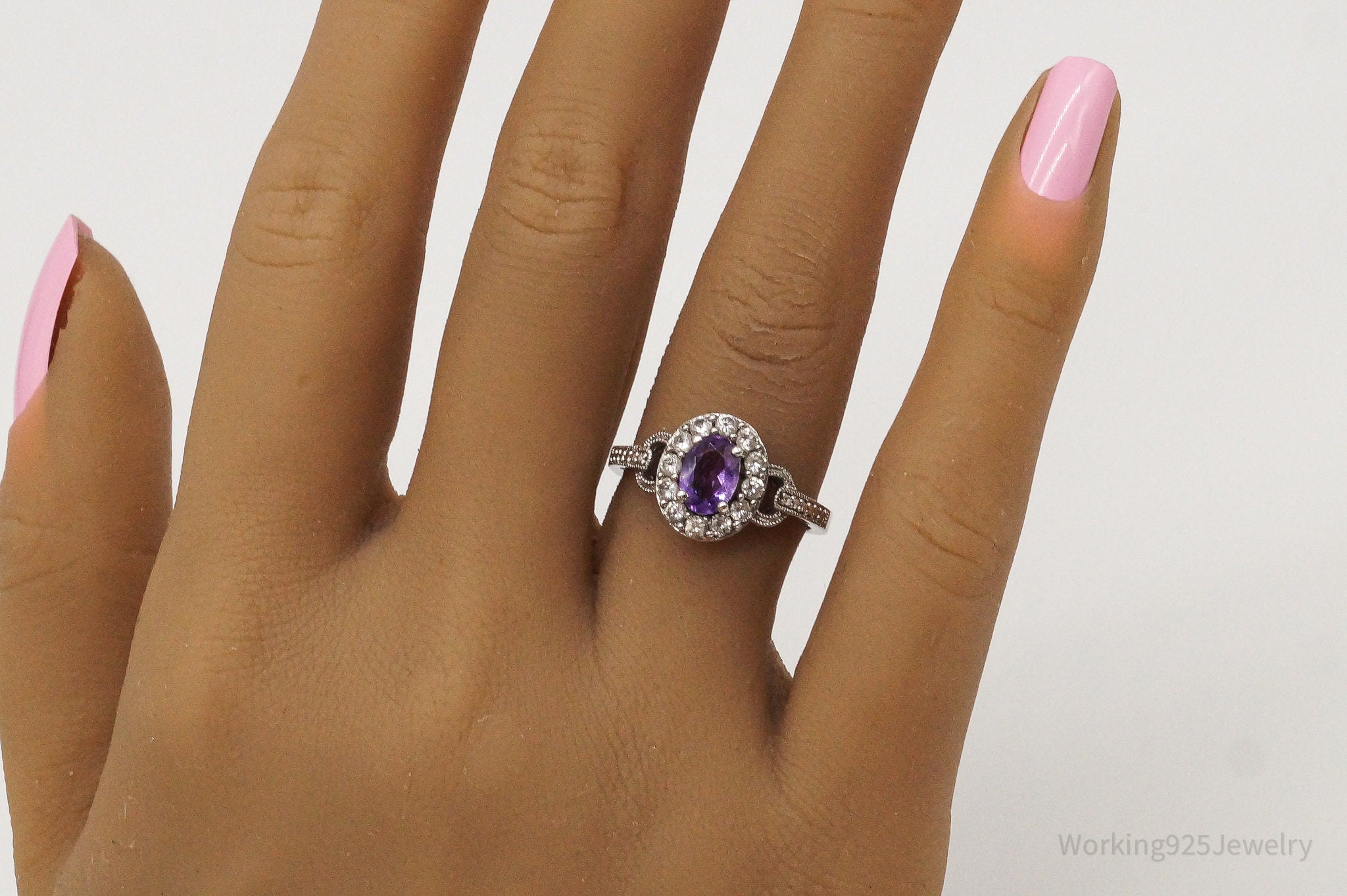 Vintage Amethyst Cubic Zirconia Sterling Silver Ring Size 7