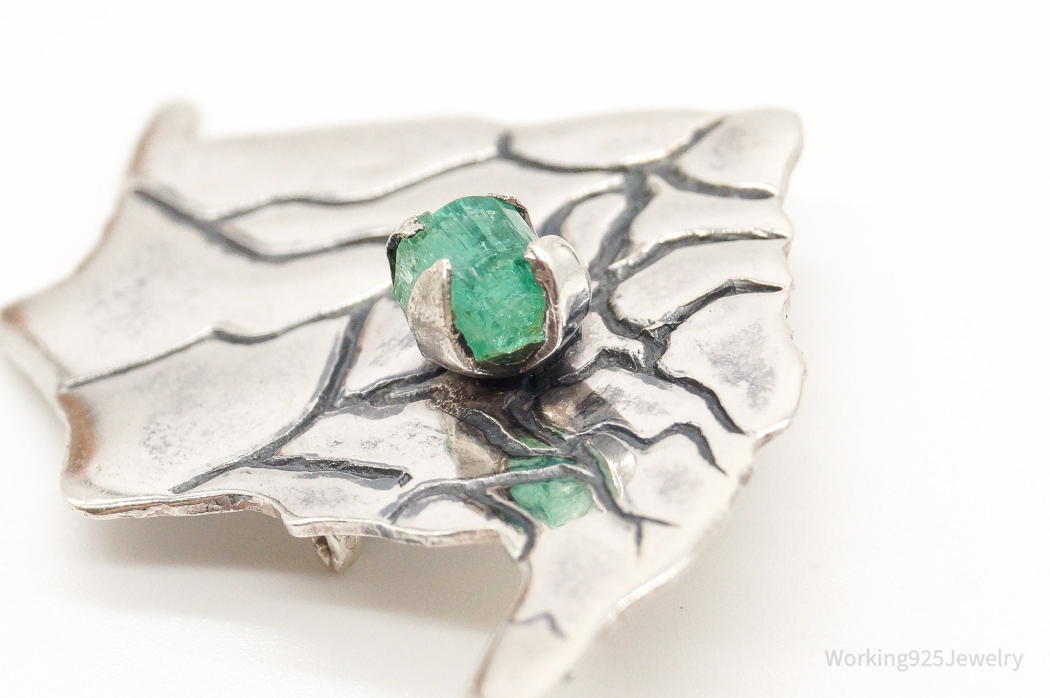 Antique Raw Emerald 900 Silver Brooch Pin