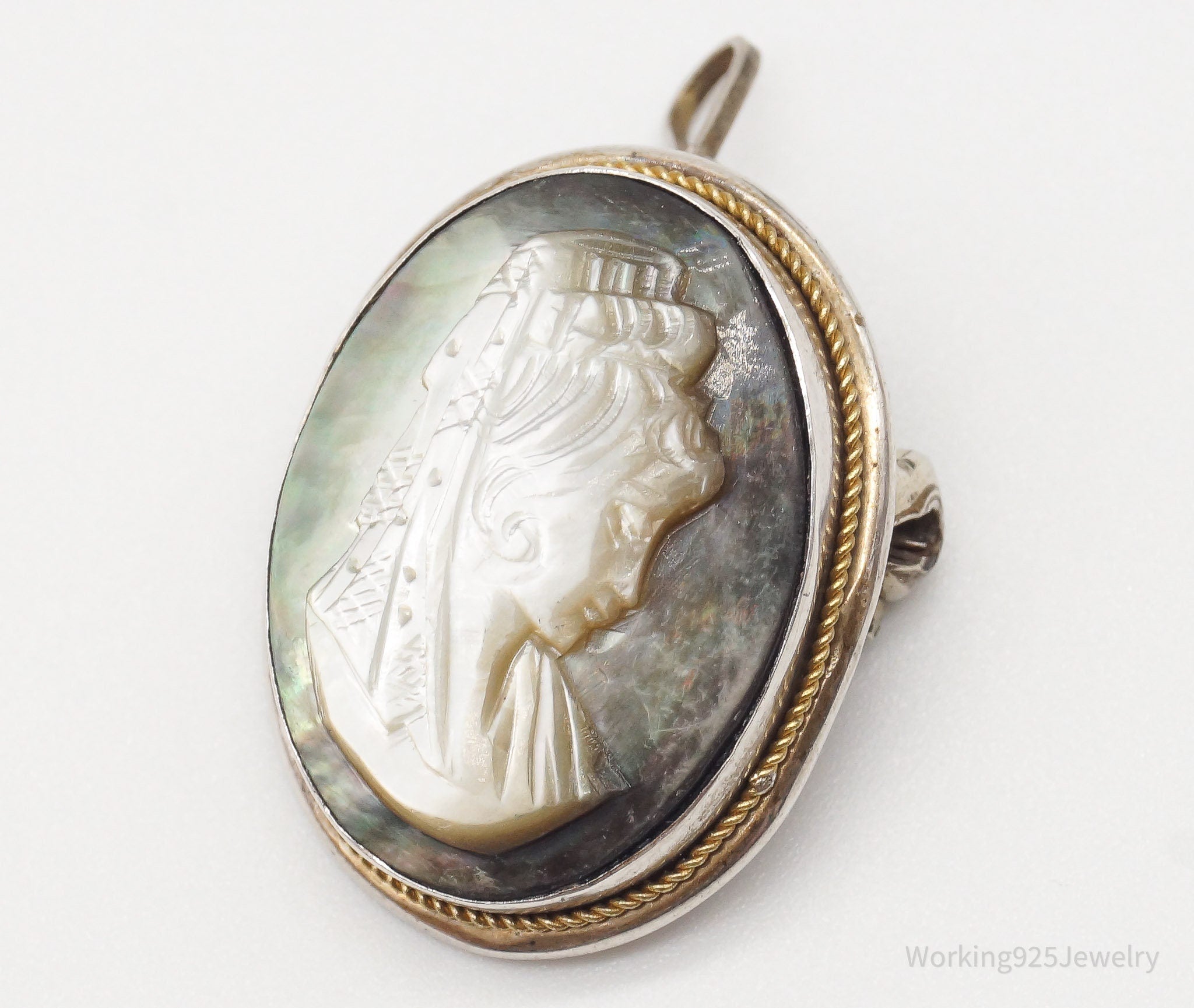 Antique Carved Abalone Shell Woman Cameo 800 Silver Pendant Brooch