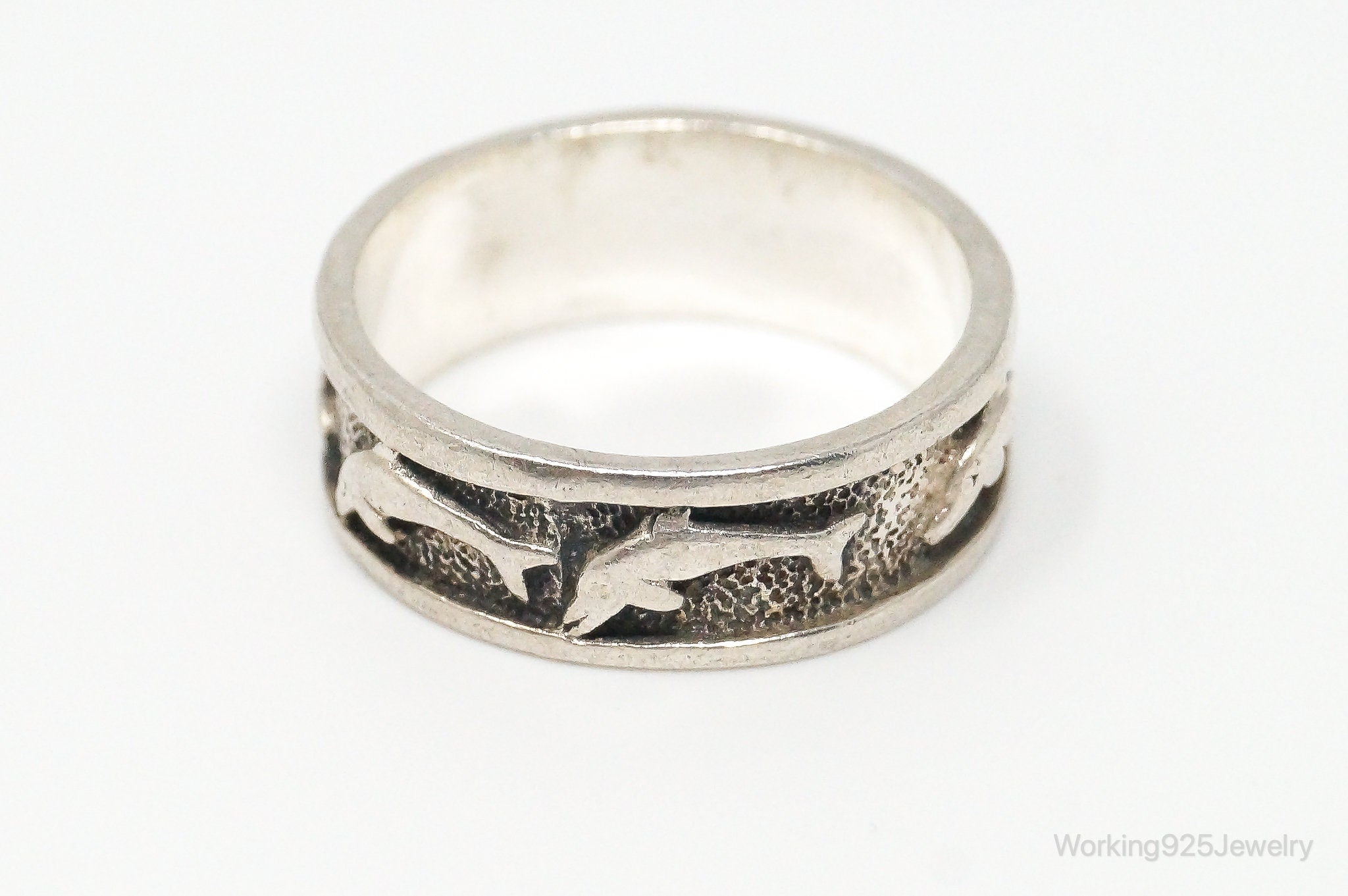 Vintage Designer PSCL Swimming Dolphins Sterling Silver Band Ring - Size 7