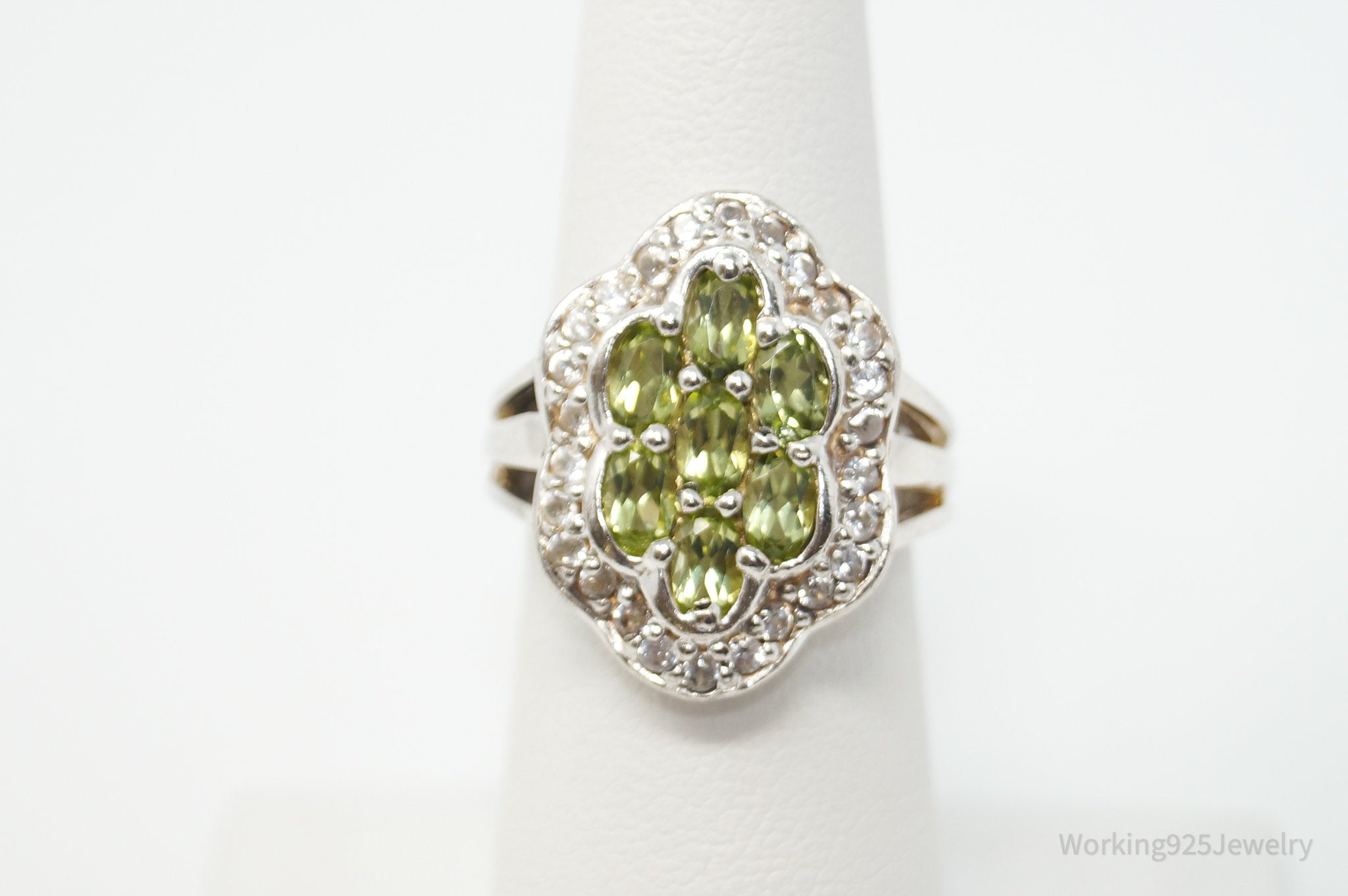 Vintage Green Peridot CZ Sterling Silver Statement Ring - Size 6.25