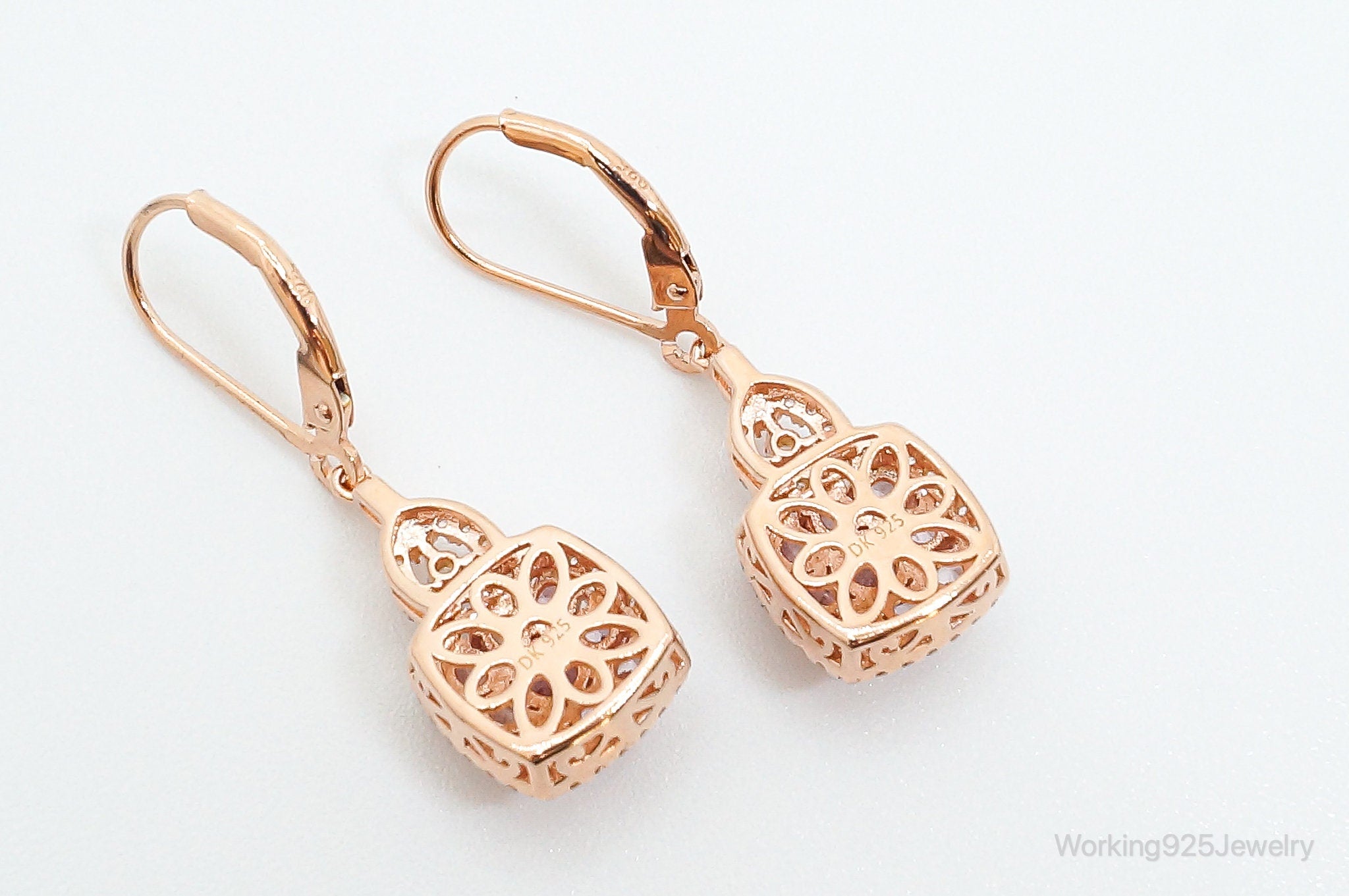 Designer DK Pink & White CZ Rose Gold Vermeil Sterling Silver Earrings