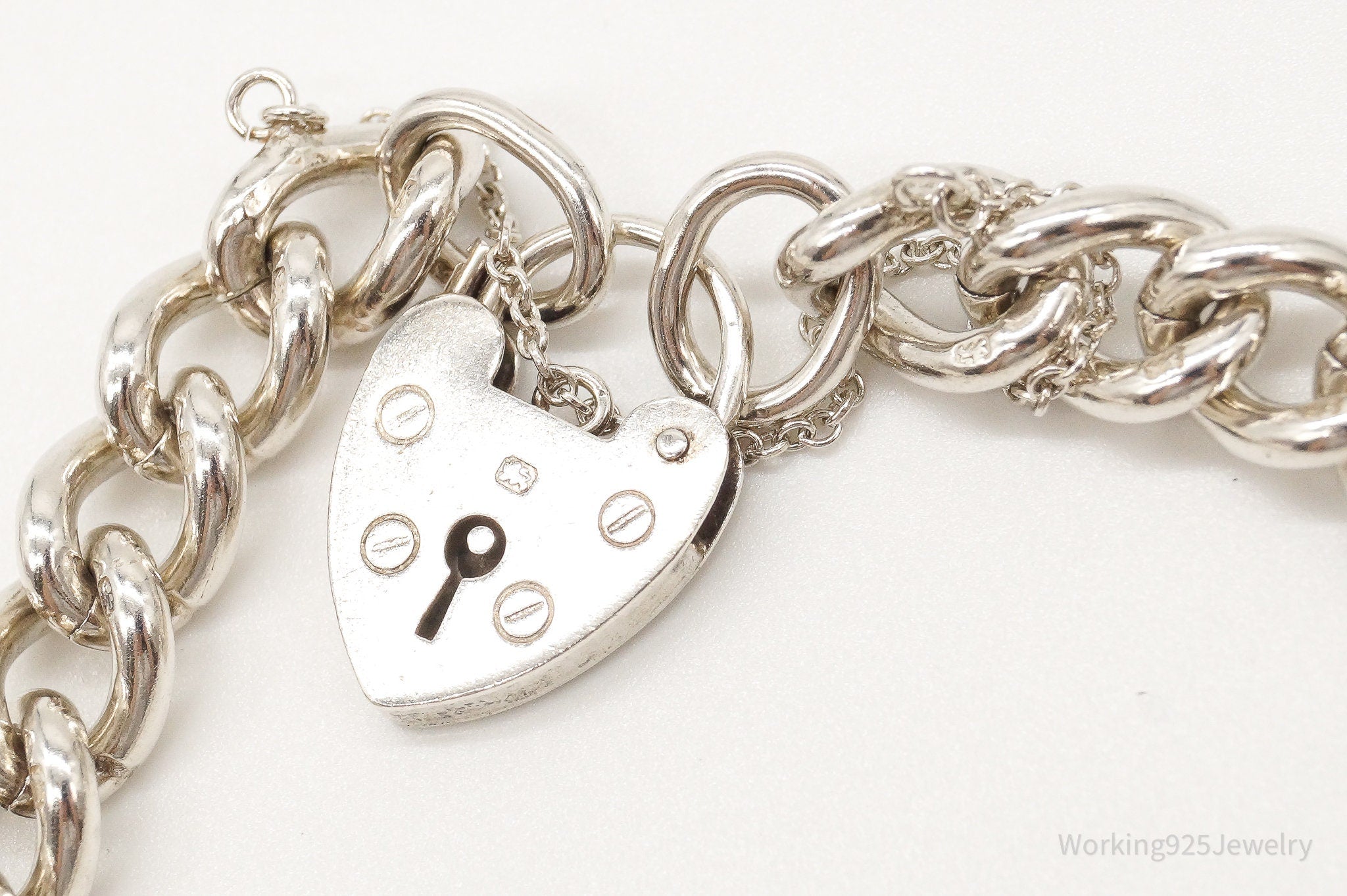 Antique Heart Pad Lock Charm Lover Sterling Silver Chainlink Bracelet