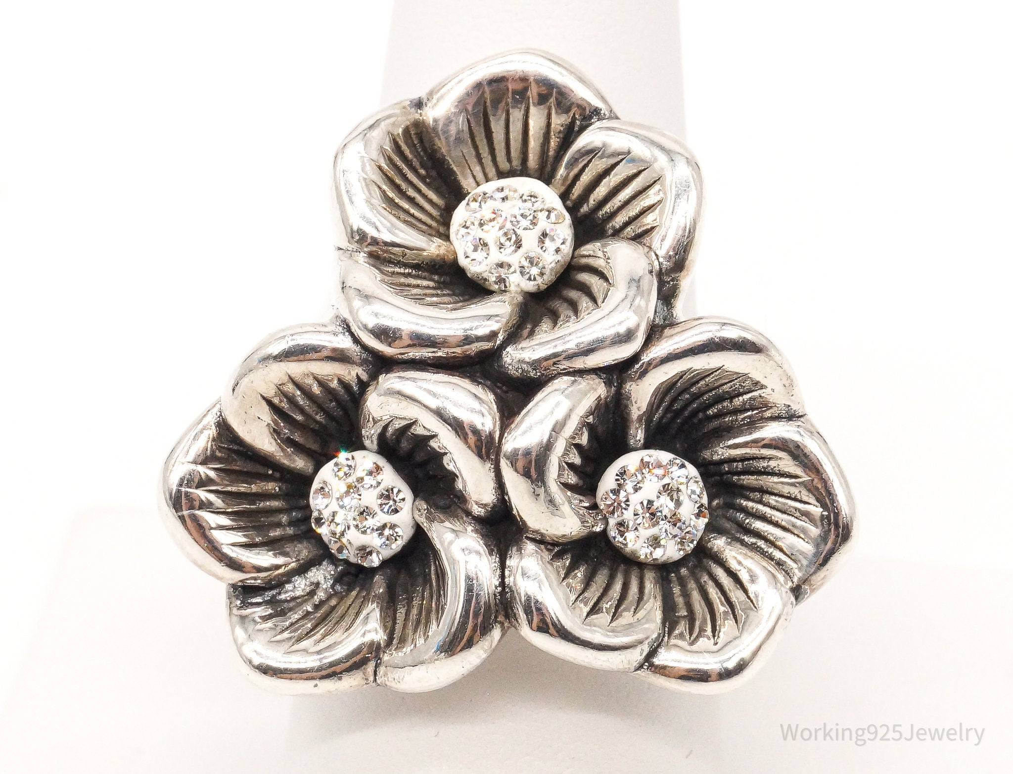 Vintage Crystal Flowers Sterling Silver Hollow Ring - Size 8