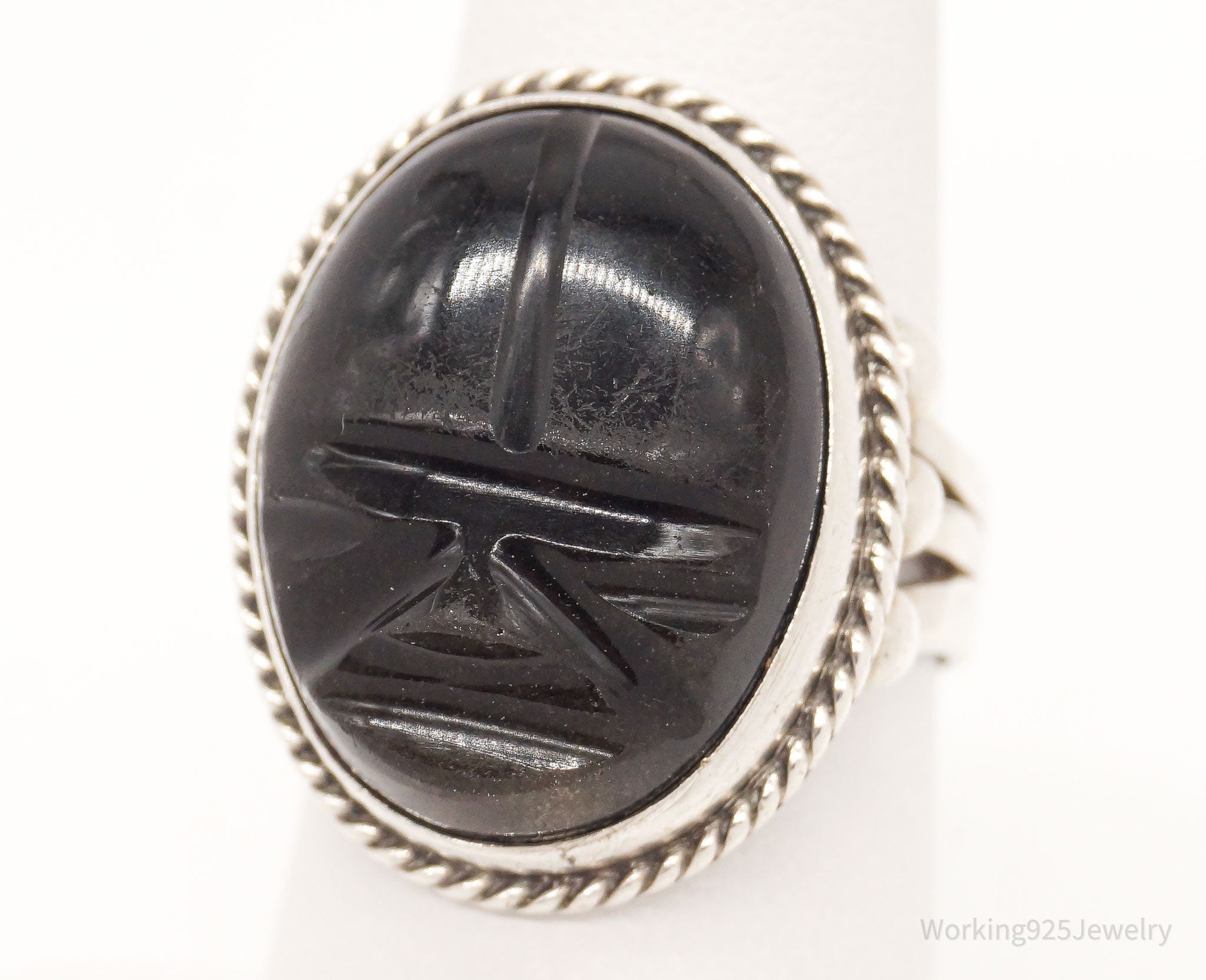 Vintage Carved Black Onyx Mask Silver Ring - Size 7.25