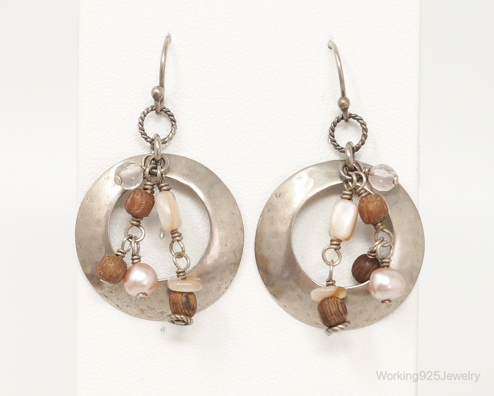 Designer Silpada Wood Quartz Pearl Hammered Sterling Silver Earrings