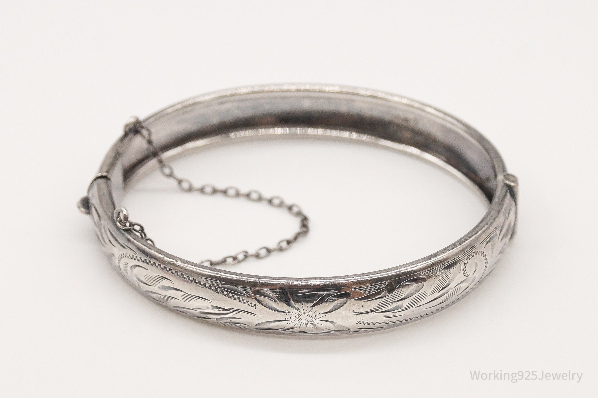 Antique Floral Etched Sterling Silver Bracelet