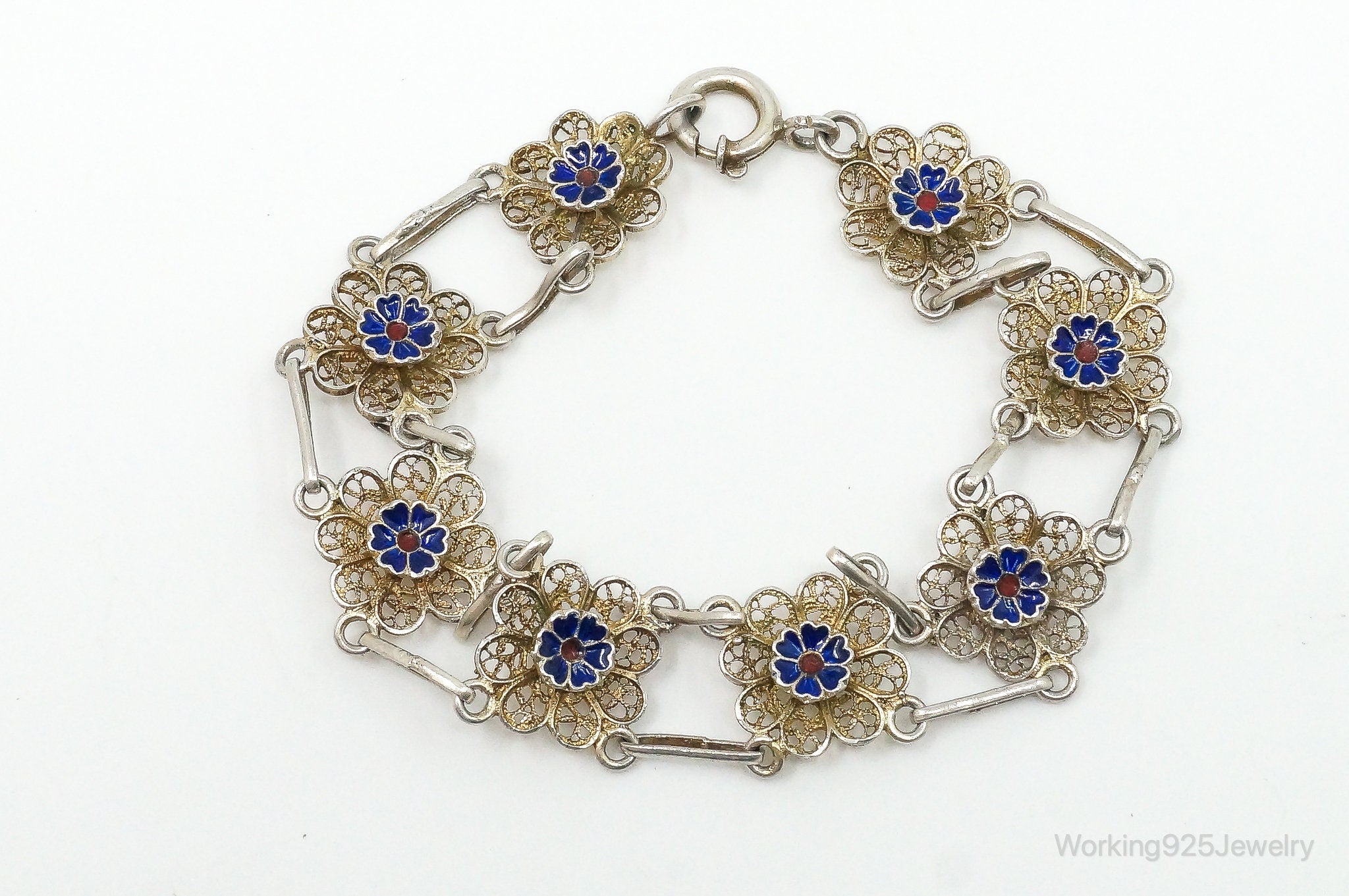 Antique Enamel Flowers 835 Silver Filigree Bracelet