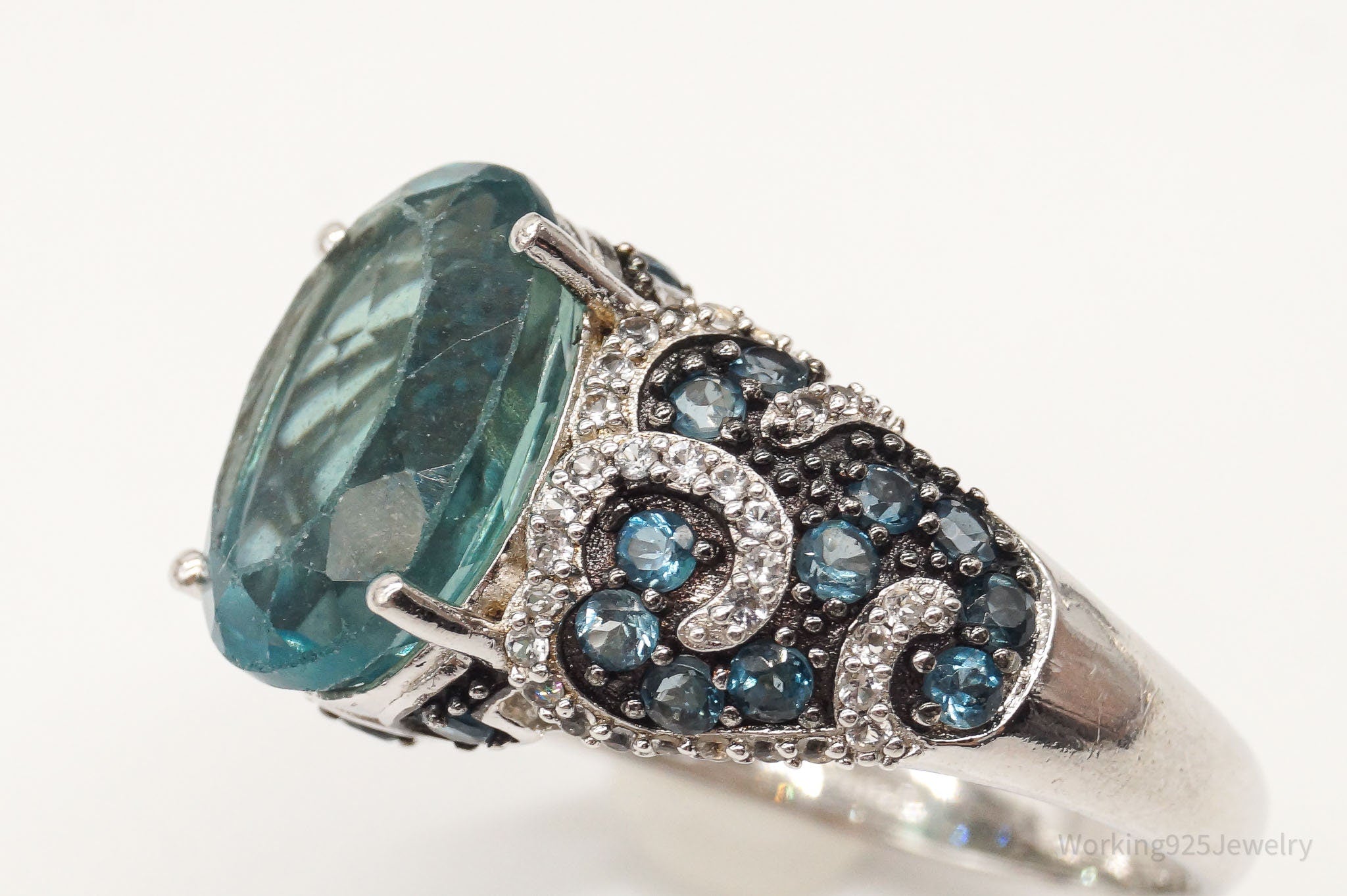 Vintage Blue Topaz Cubic Zirconia Sterling Silver Ring - SZ 10.75