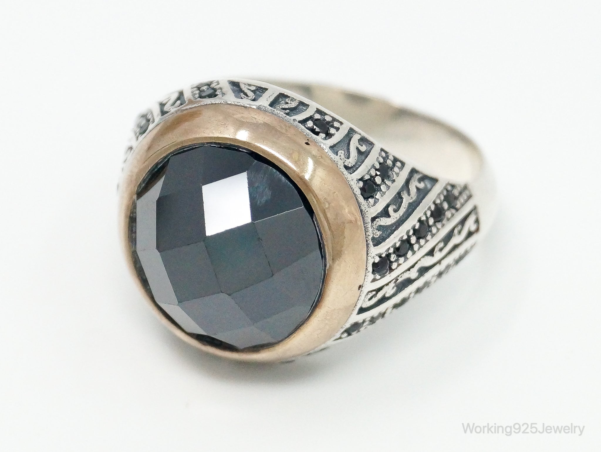 Vintage Black Onyx Brass Sterling Silver Ring - Size 11.75