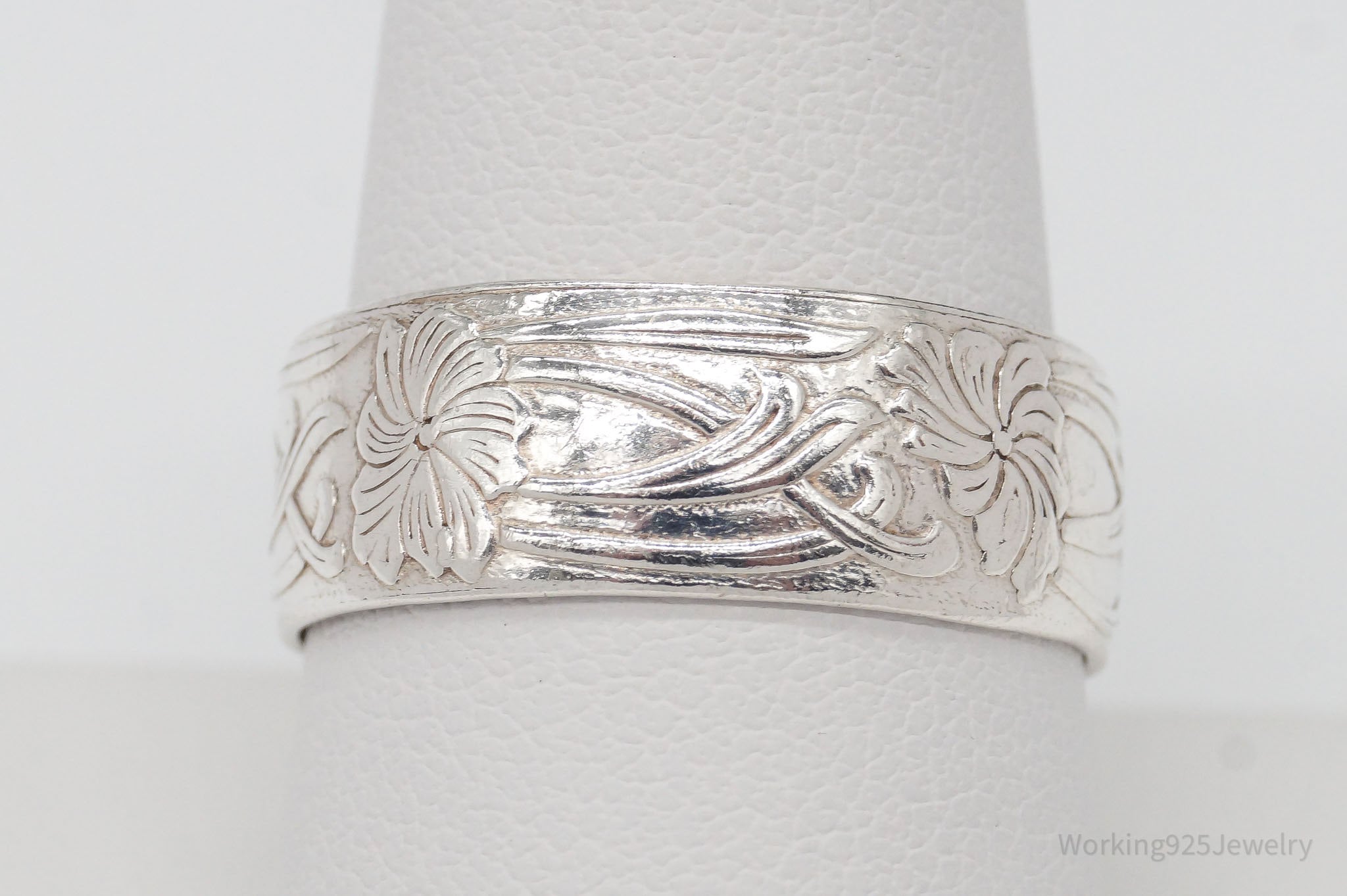 Antique Floral Art Nouveau Silver Band Ring - Size 9.75