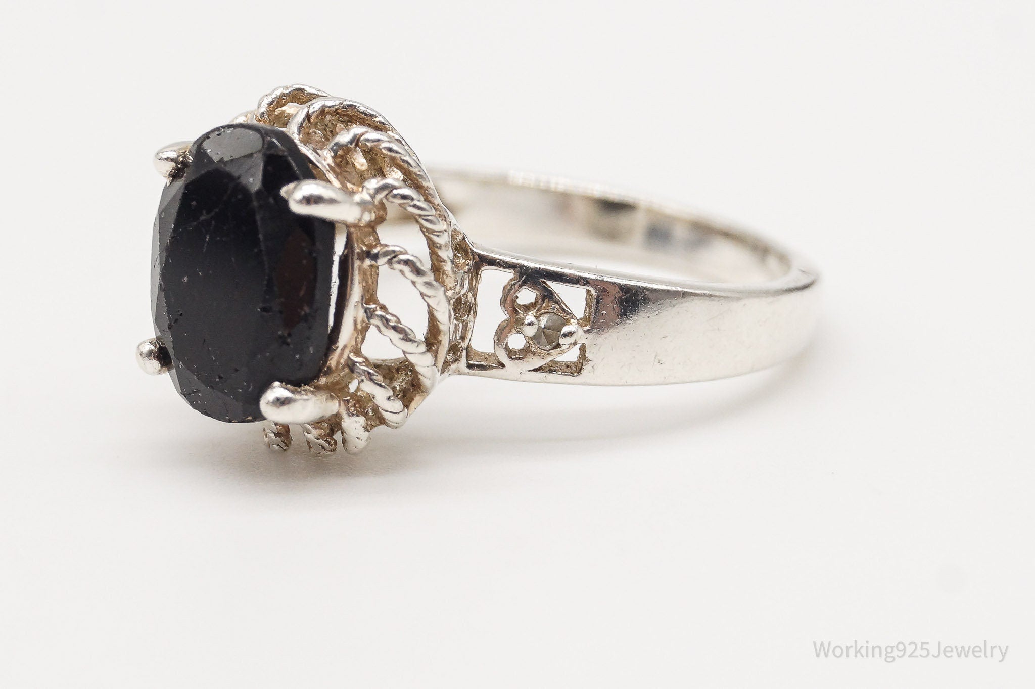 Vintage Black Onyx Diamond Sterling Silver Ring - Size 5