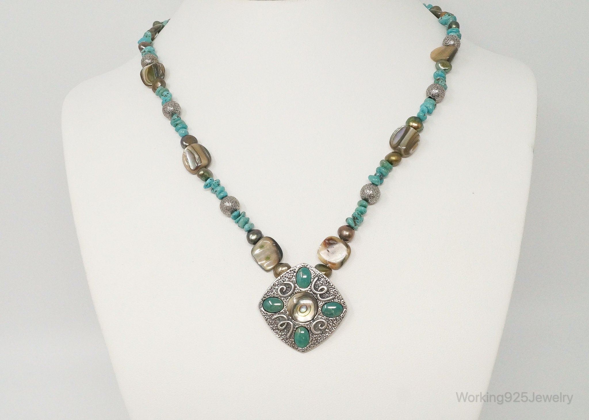 Designer Carolyn Pollack Relios Turquoise Abalone Sterling Silver Necklace