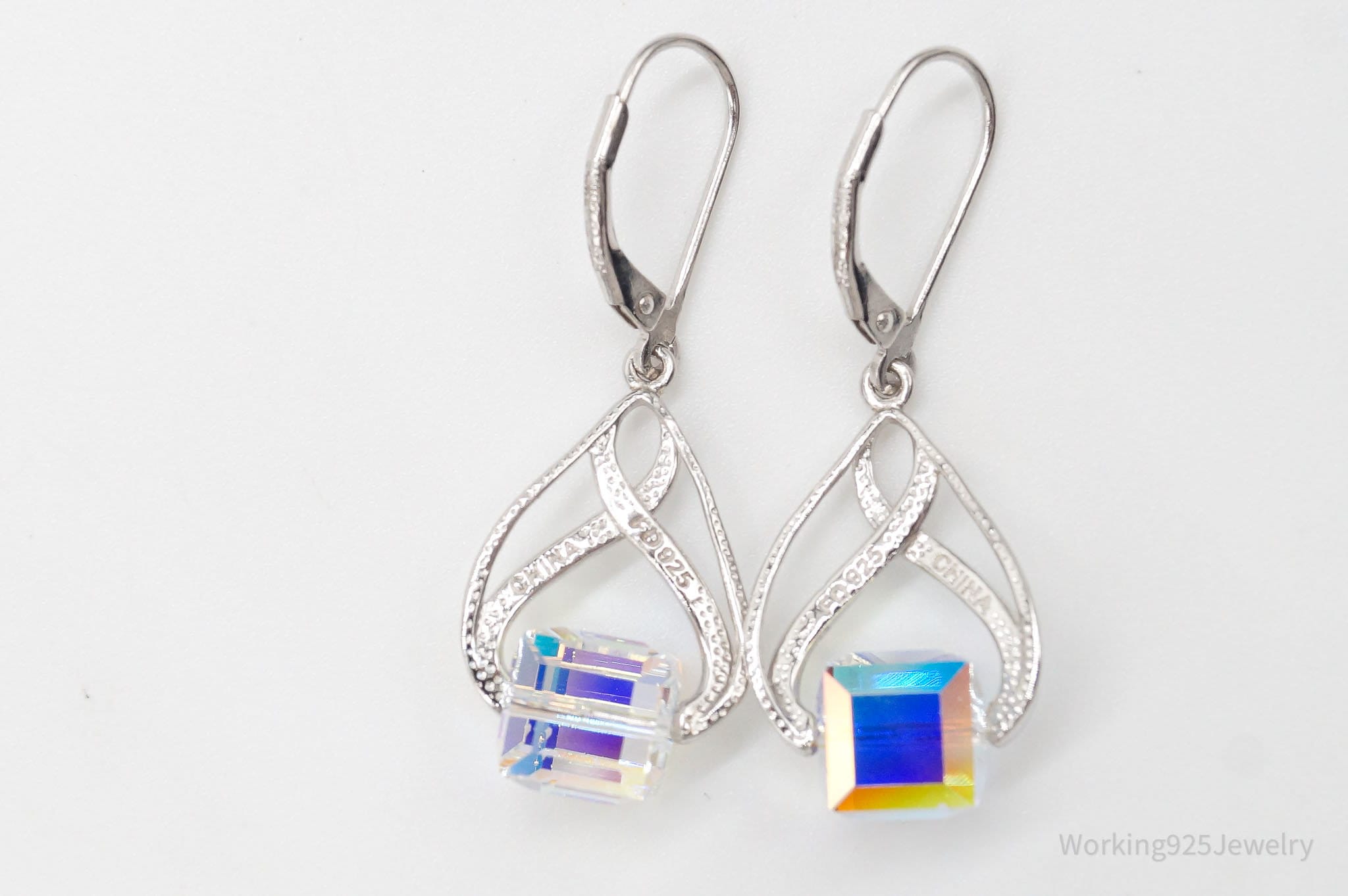 Vintage Designer FD Crystal Cube Prism Drop Dangle Sterling Silver Earrings