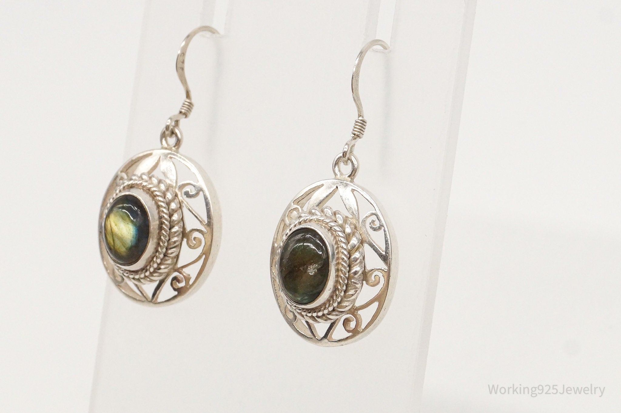 Vintage Labradorite Bali Inspired Filigree Openwork Sterling Silver Earrings