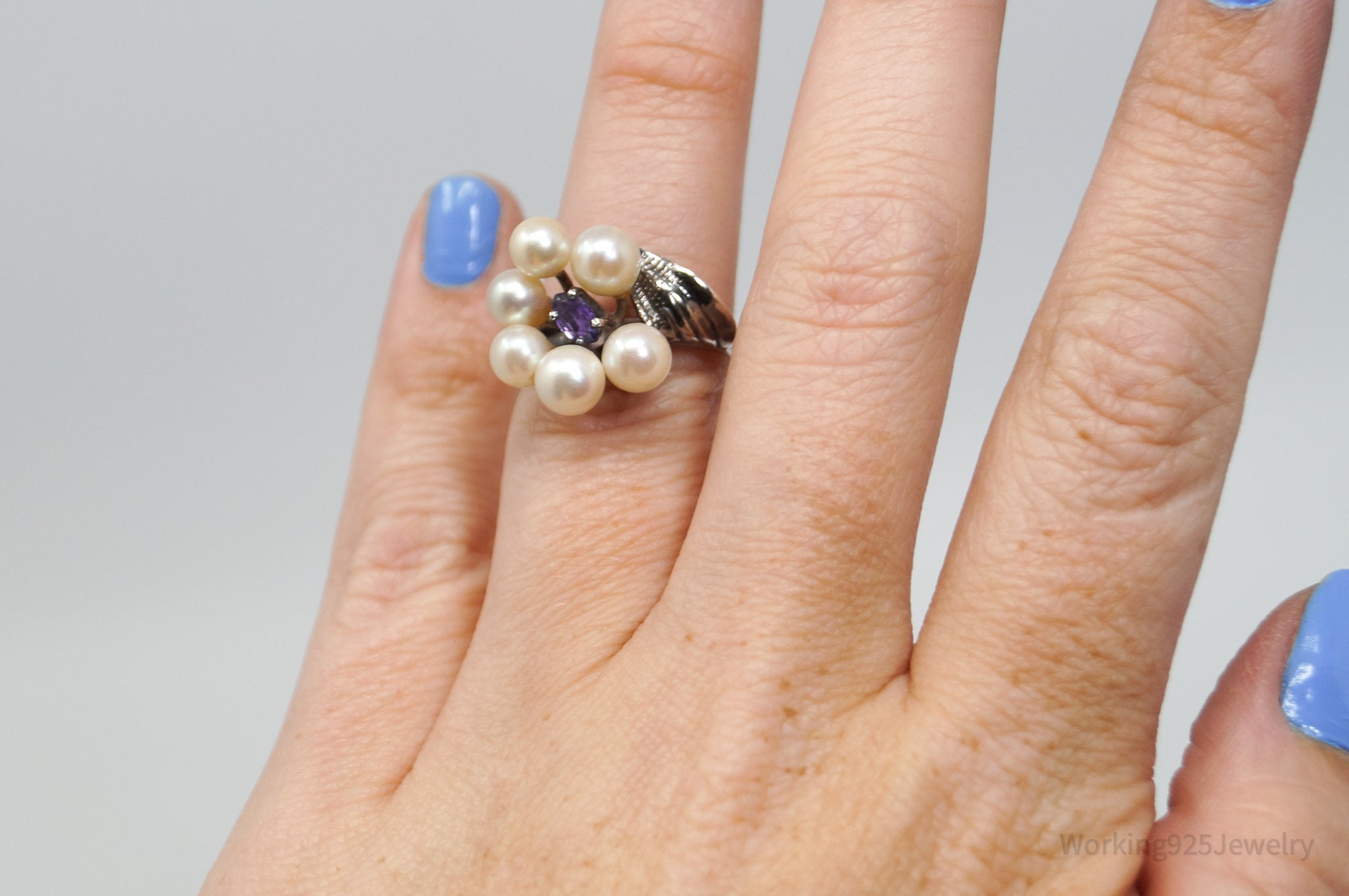 Antique Amethyst Pearl Sterling Silver Ring - Sz 6.25