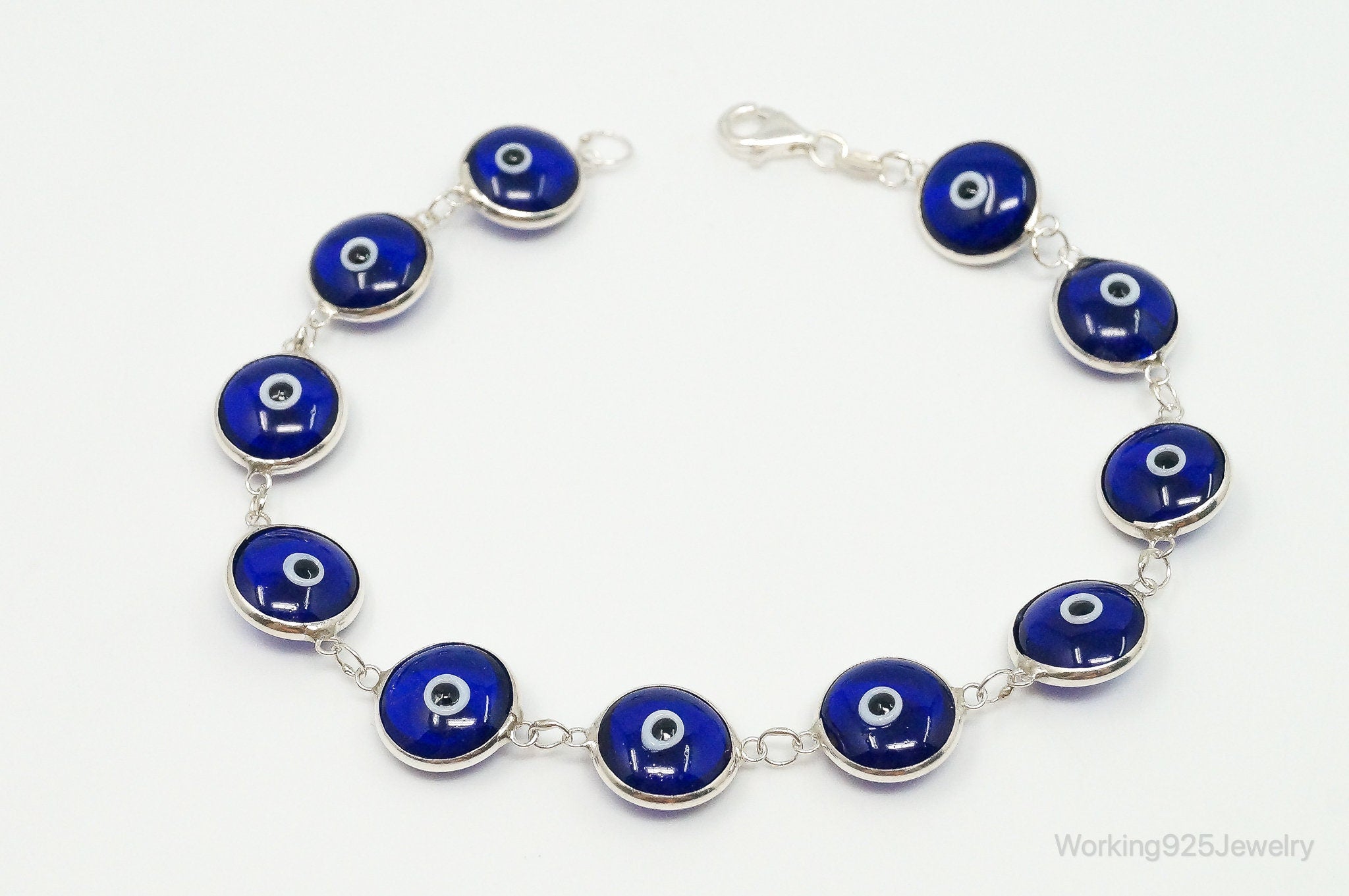 Vintage Blue Glass Eye Sterling Silver Link Bracelet