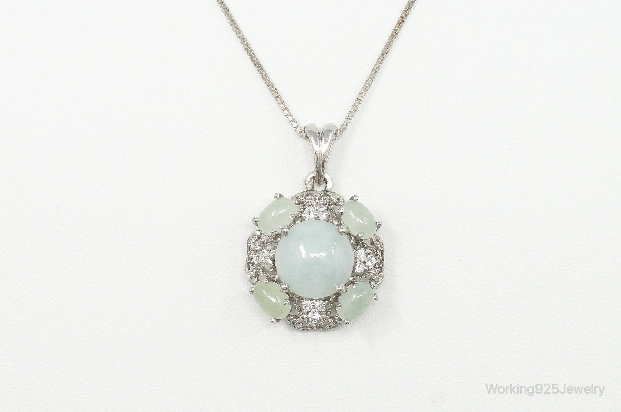 Vintage Jade Prehnite Cubic Zirconia Sterling Silver Necklace