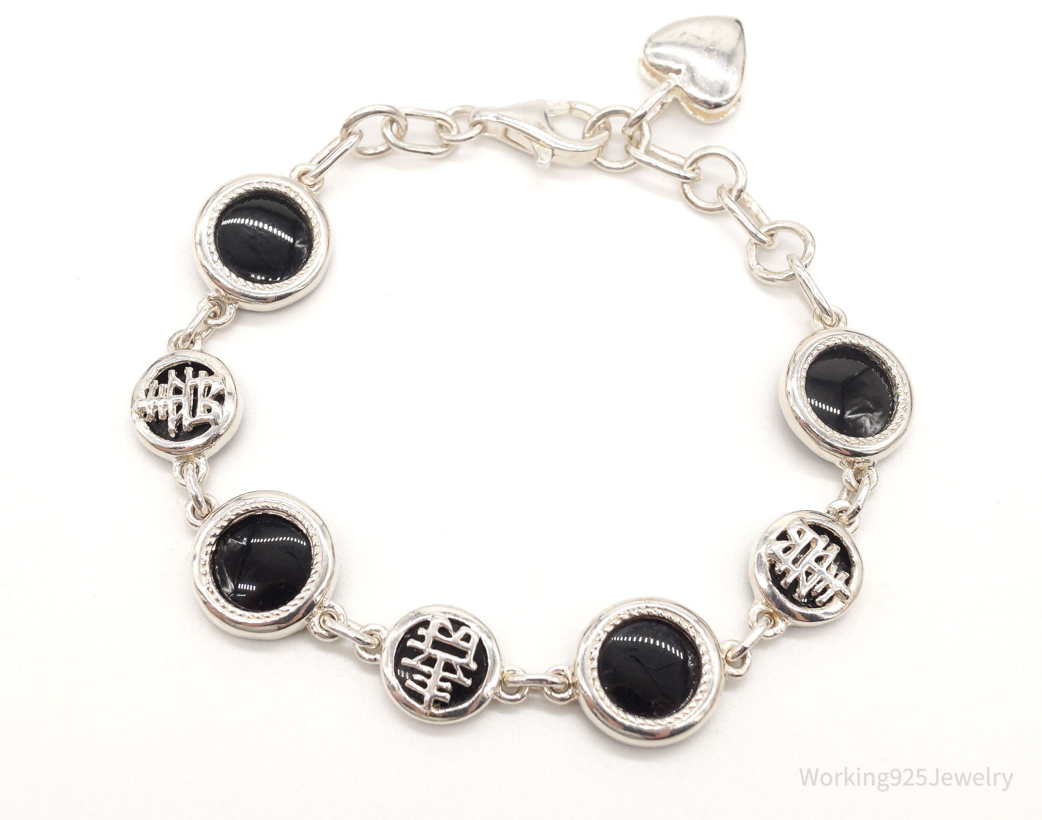 Vintage Black Onyx Good Fortune Sterling Silver Bracelet