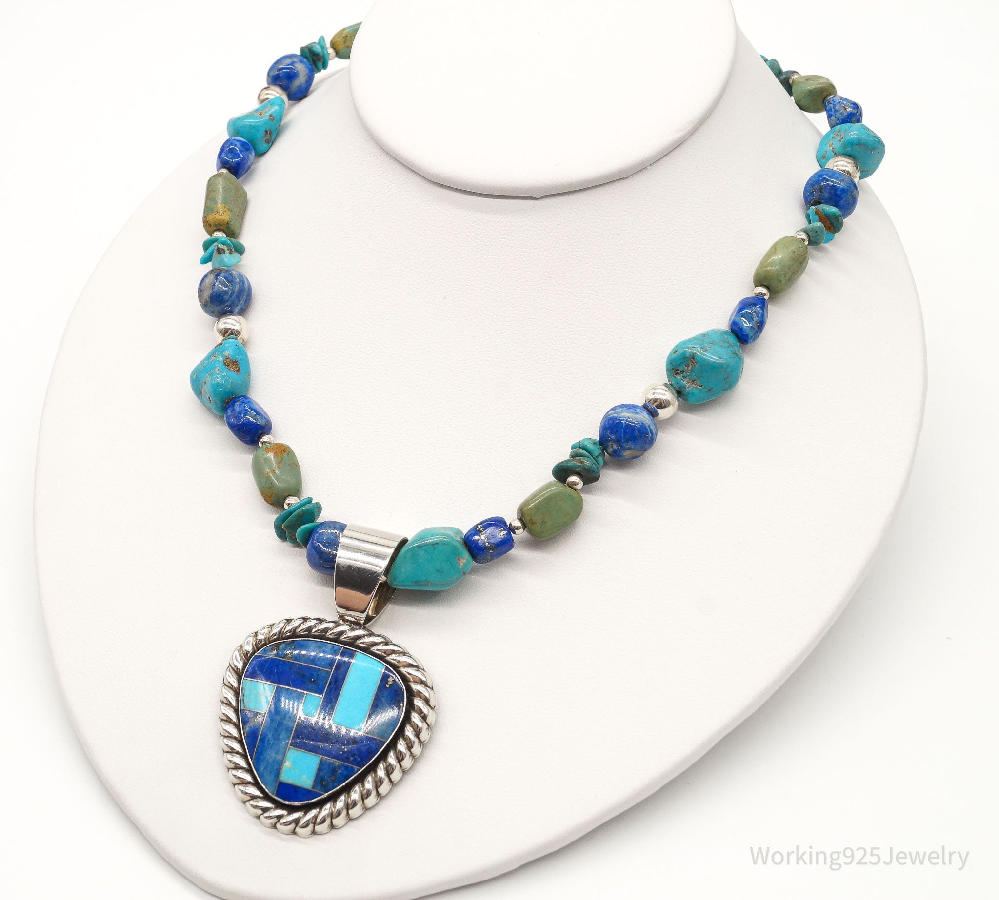 Vintage Carolyn Pollack Relios Turquoise Lapis Lazuli Sterling Silver Necklace